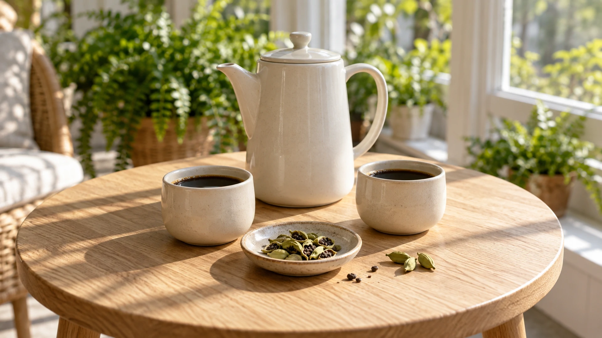 Two cups of cardamom coffee beside crushed and whole green cardamom pods, a hospitality love ritual