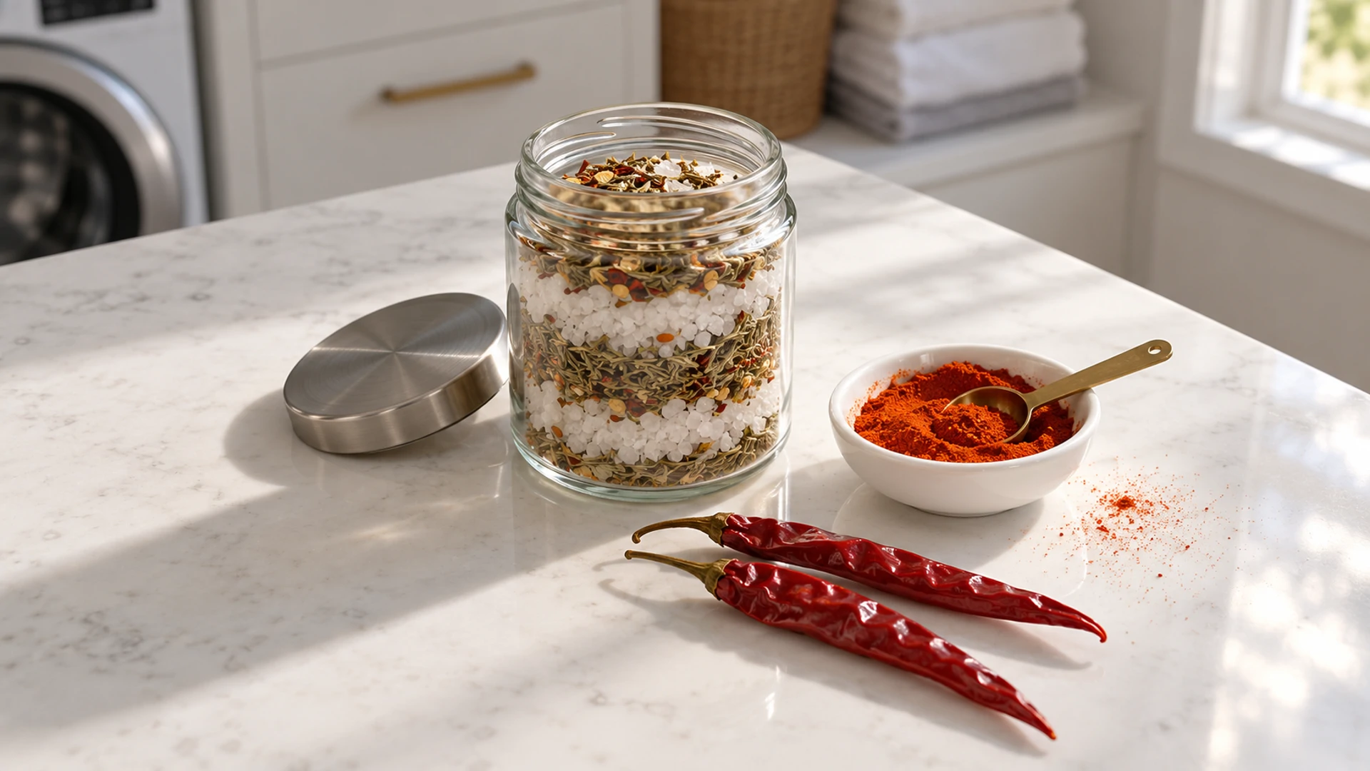 Open banishing jar beside ground cayenne pepper, dried chili pods and gloves, adding heat to a banishing spell