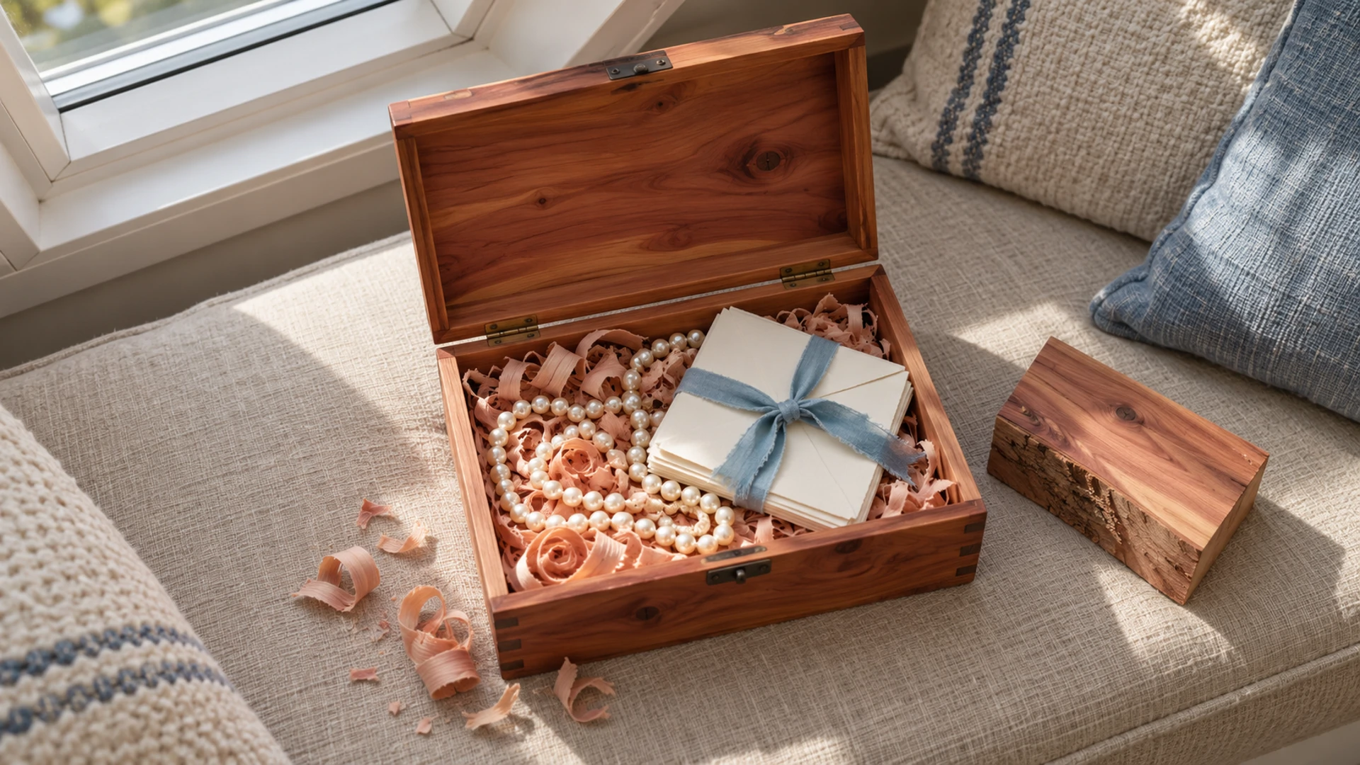 Open cedar keepsake box with cedar shavings, pearls and ribbon-tied envelopes, cedar magic for preserving heirlooms