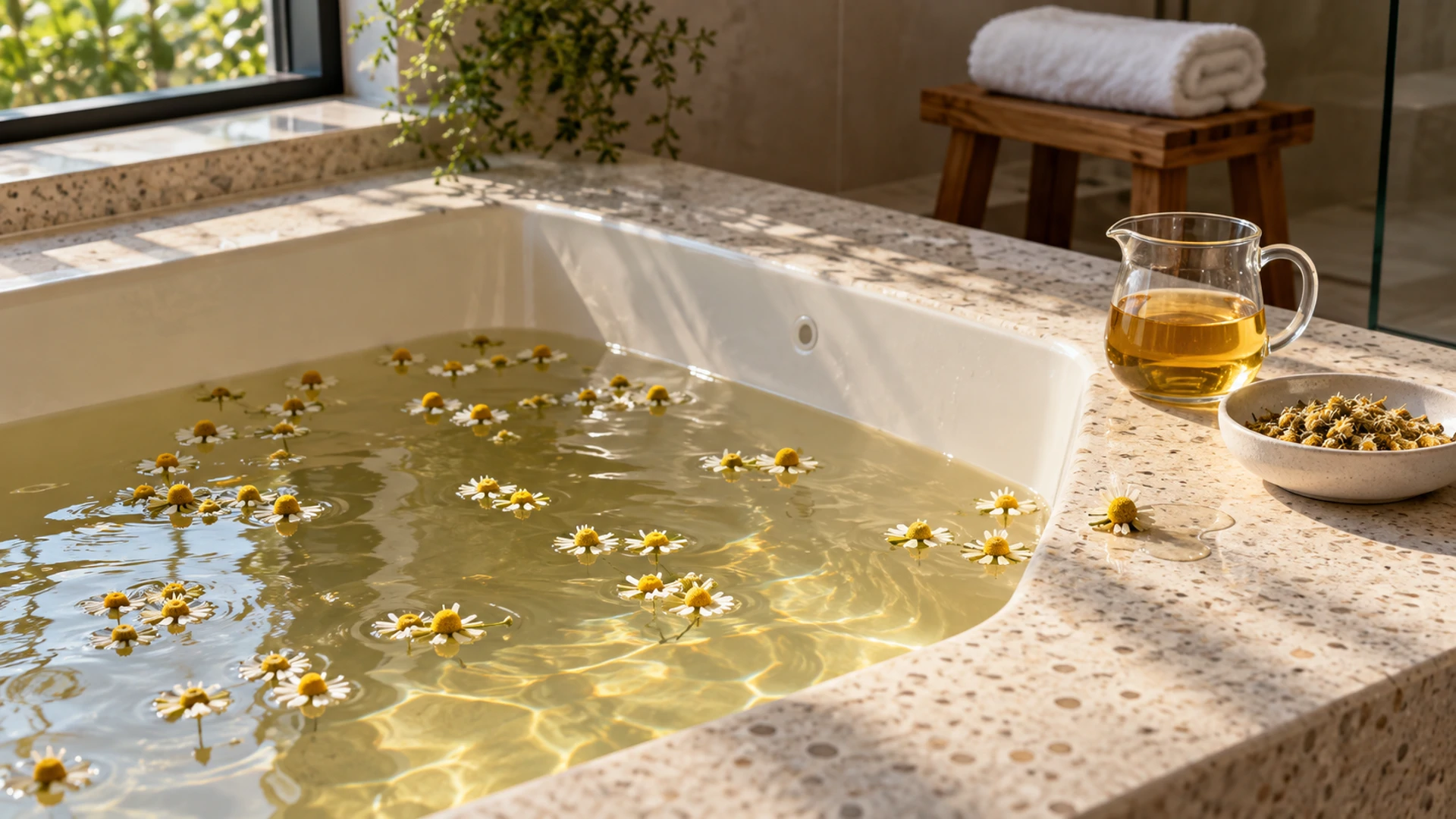Warm bath with floating chamomile flowers beside a dish of dried chamomile, a Sunday ritual for rest and recovery