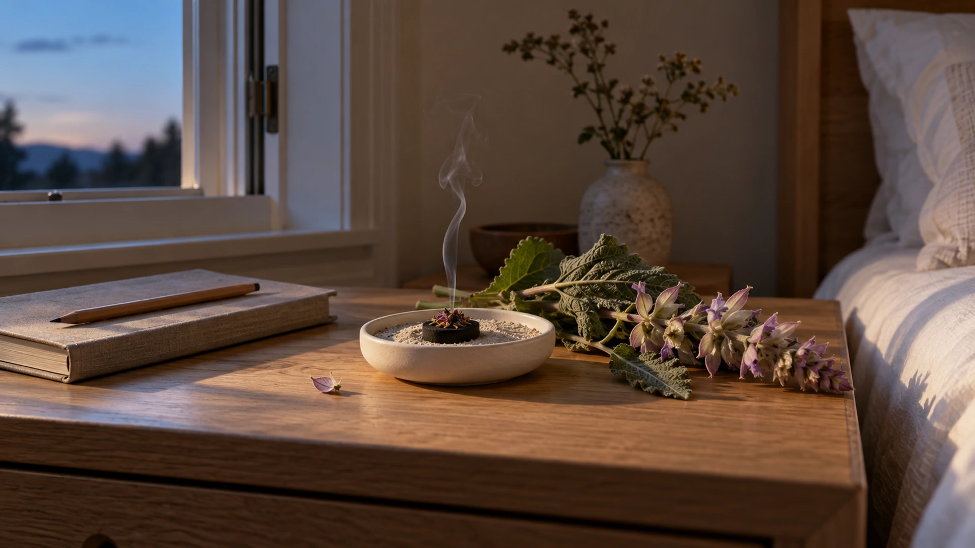 Dried clary sage smoldering on charcoal beside a fresh clary sage stem and a closed journal, a ritual for vivid dreams