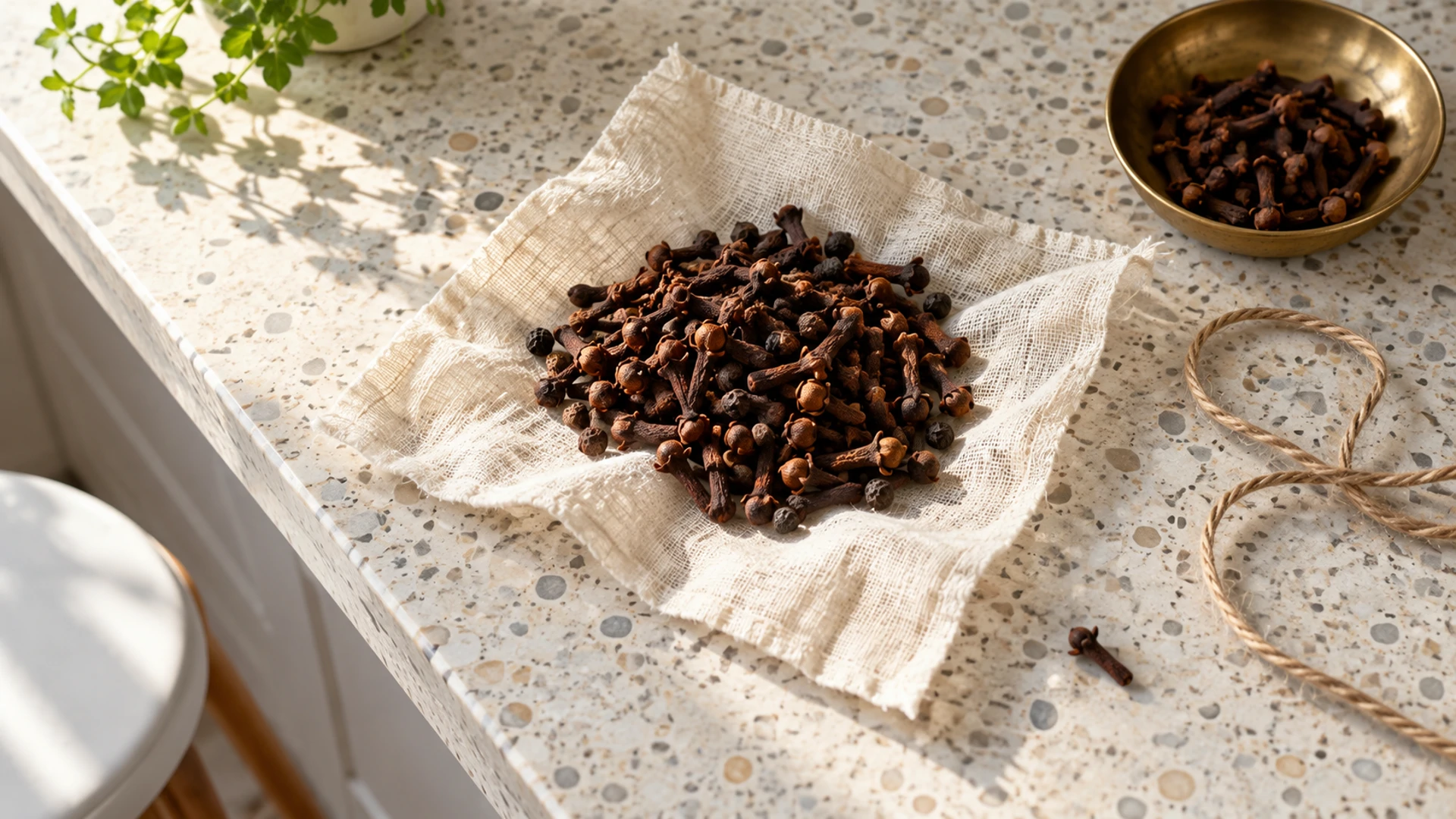 Whole cloves and black peppercorns on an open muslin square with twine, a clove sachet for keeping money in the home