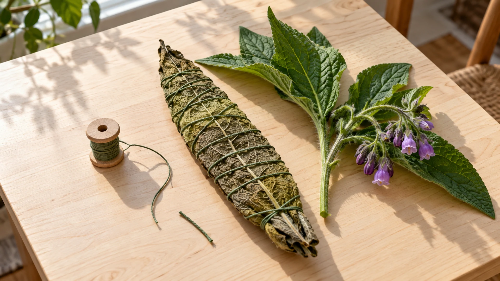 Dried comfrey leaf wound with green thread beside a fresh comfrey sprig with purple bell flowers, a charm for mending