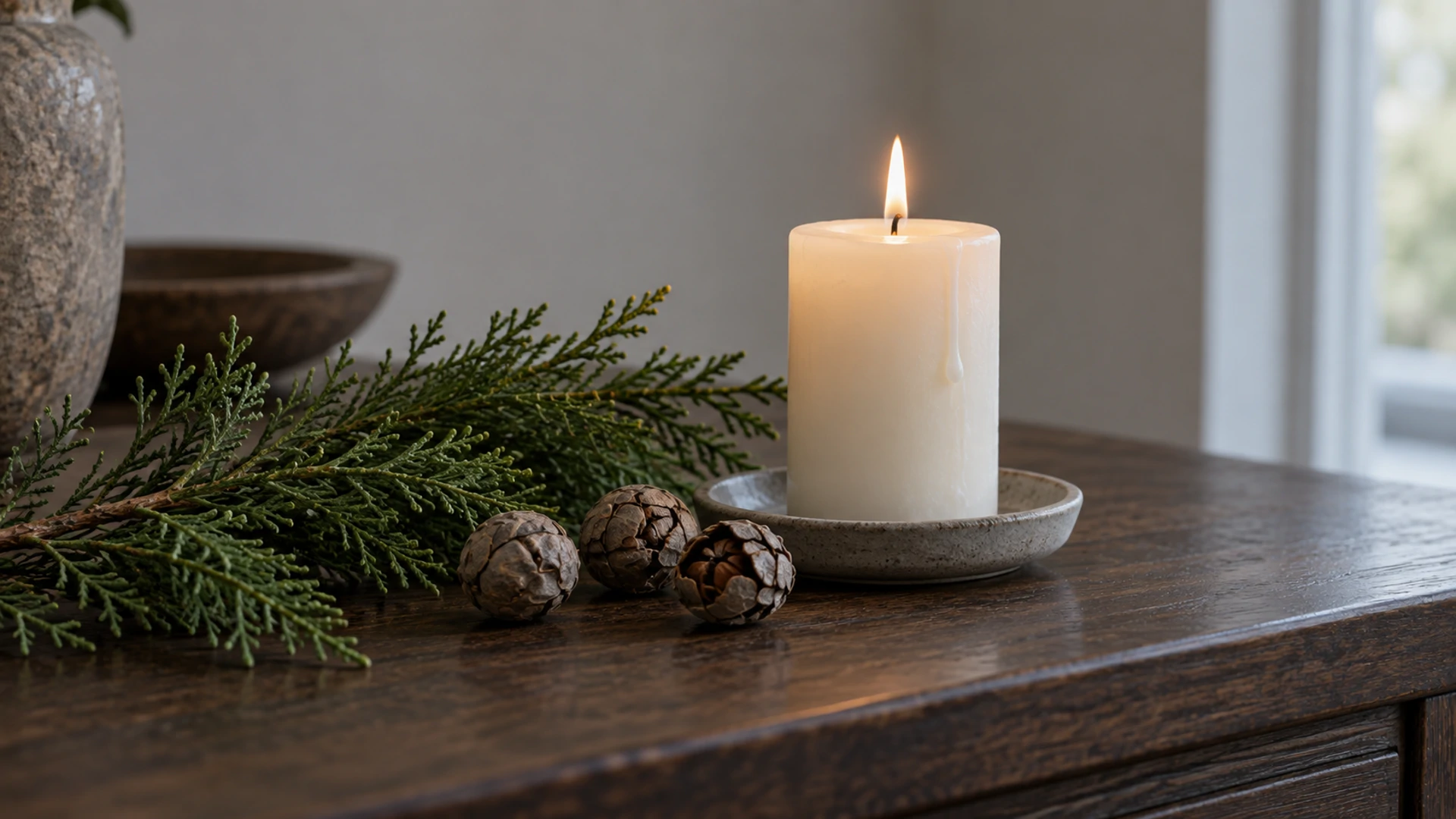 Lit white candle dressed with cypress oil beside a cypress sprig and round cones, a ritual for grief and remembrance
