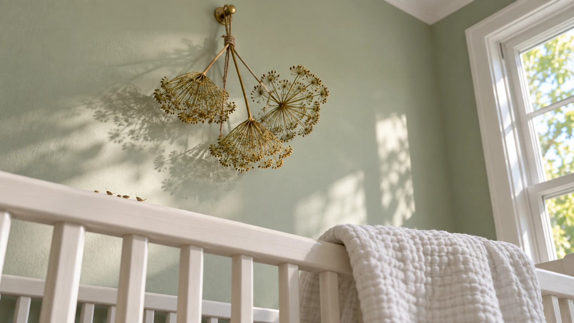 Three dried dill flower heads tied with twine and hung above a baby crib, a traditional nursery protection charm