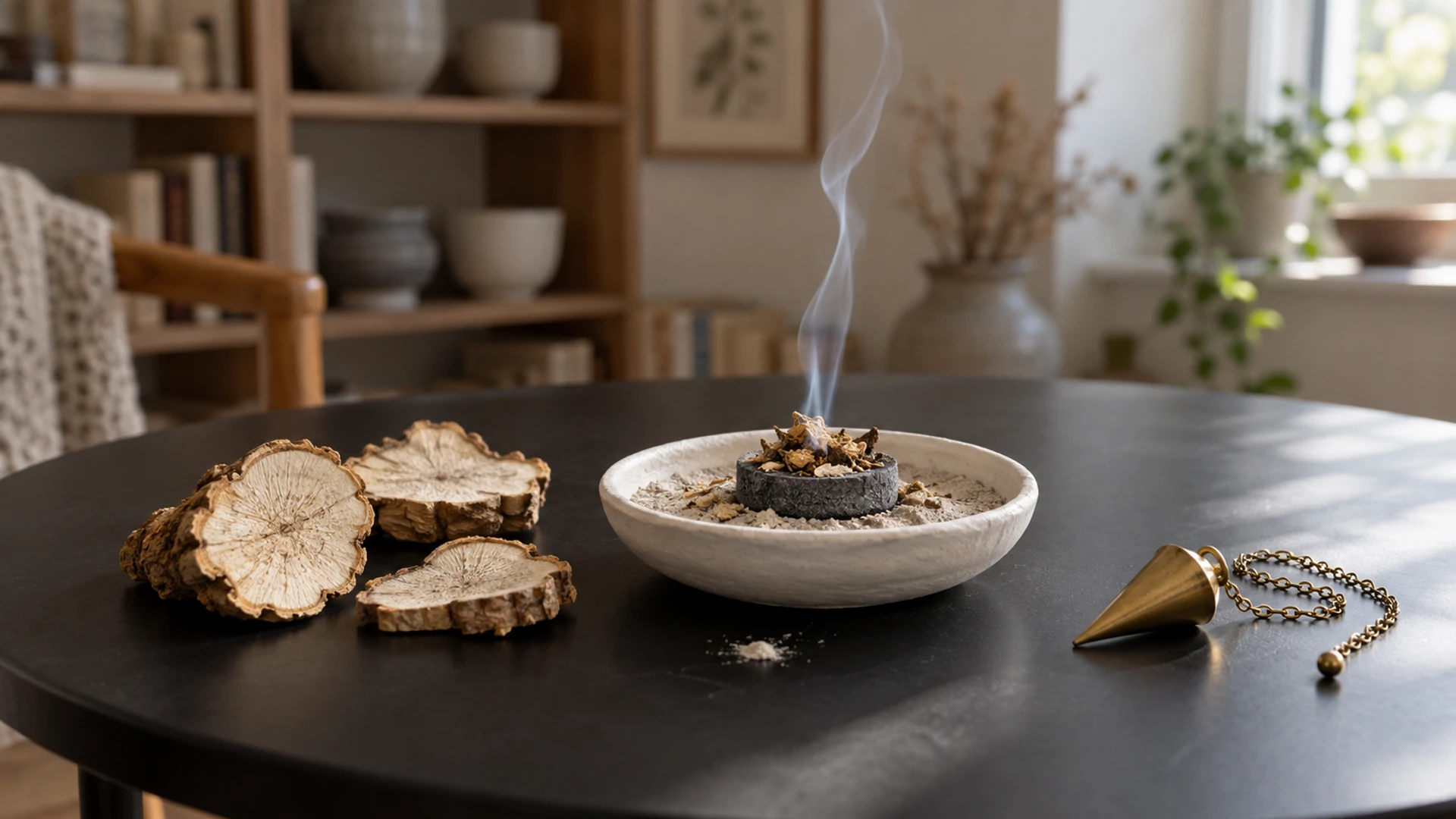 Elecampane root smoldering on charcoal beside dried root slices and a brass pendulum, protection before divination