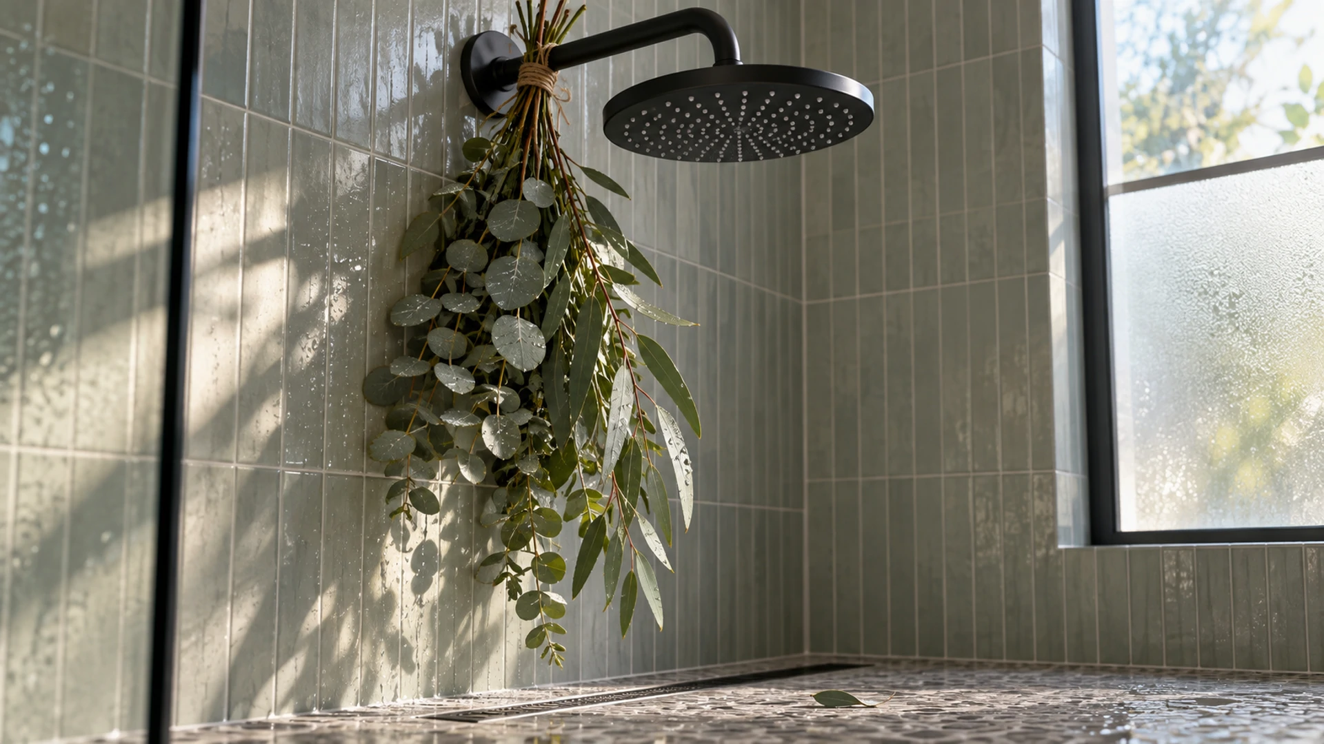 Fresh eucalyptus branches tied to a shower head with twine in a tiled shower, a recovery ritual after illness