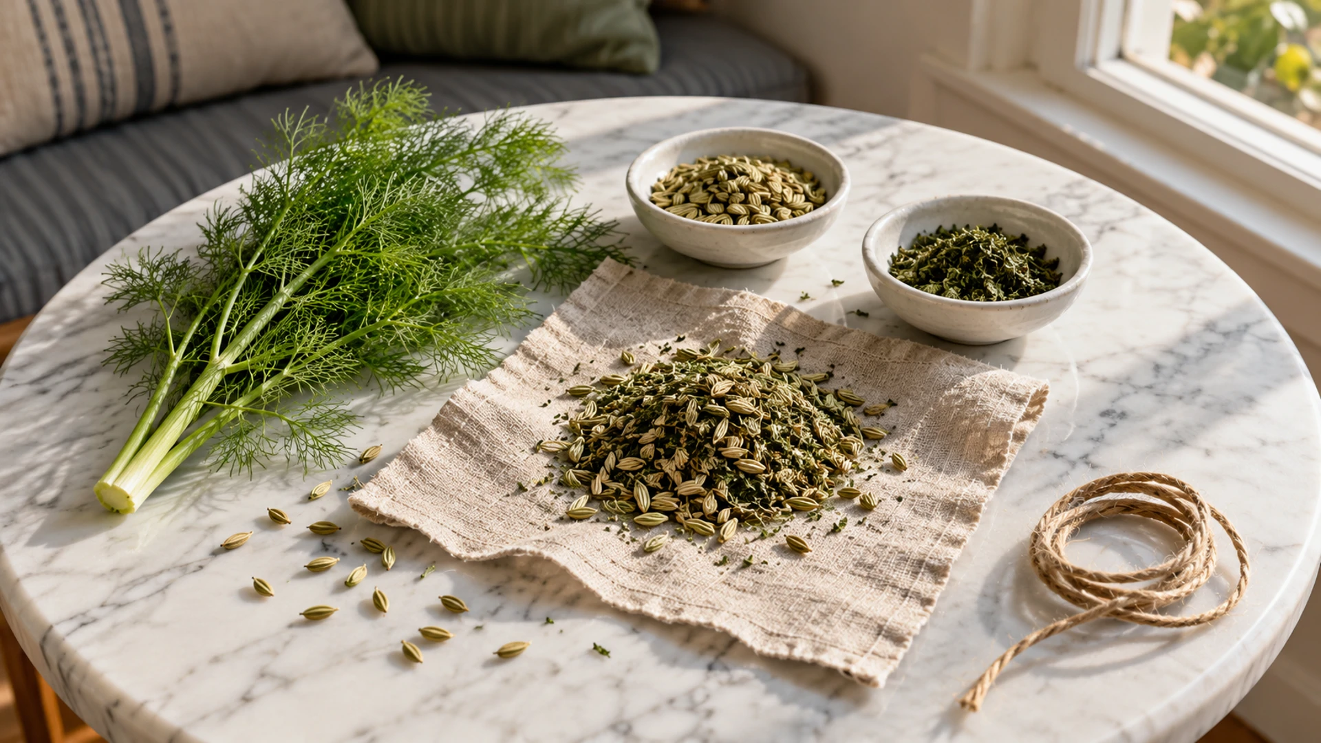 Linen sachet with fennel seeds and dried chervil beside fresh fennel fronds, the Nine Herbs Charm protection pair