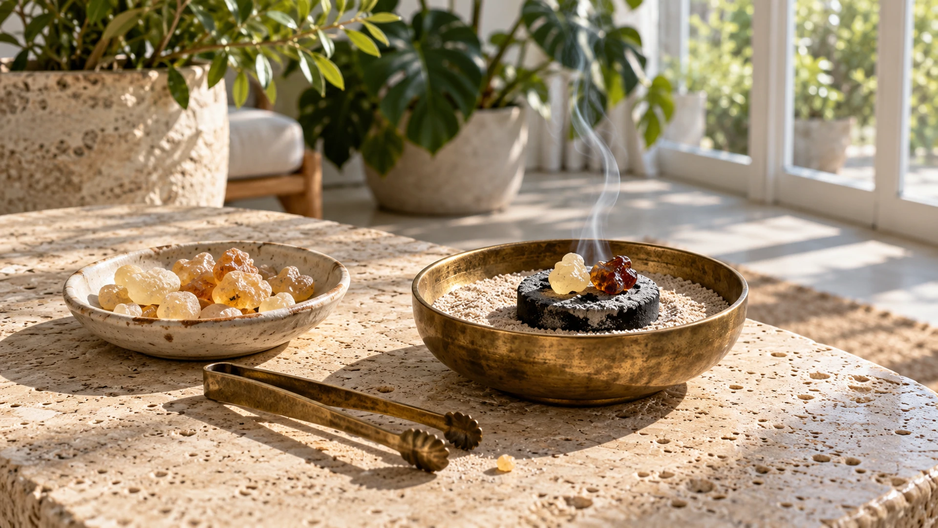Frankincense and myrrh resin tears burning on a charcoal disc in a brass dish of sand for meditation and prayer