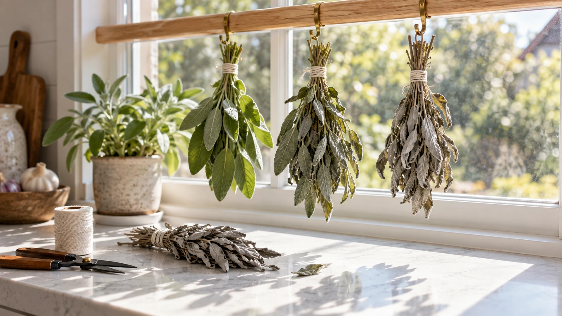 Bundles of garden sage hanging upside down to dry beside a finished smoke bundle, home-grown sage for cleansing