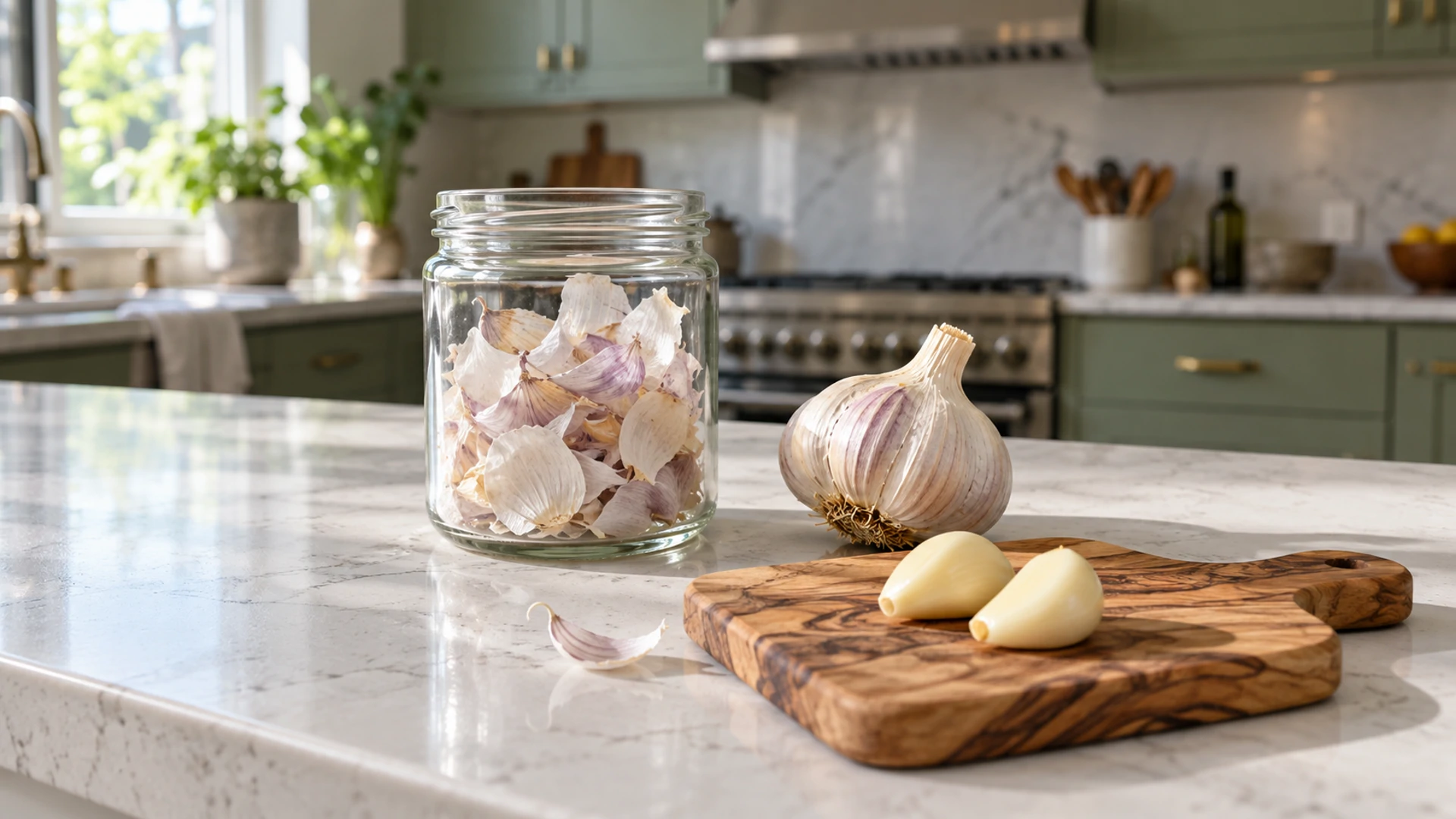 Glass jar of papery garlic skins beside a whole garlic bulb and peeled cloves, a kitchen protection charm