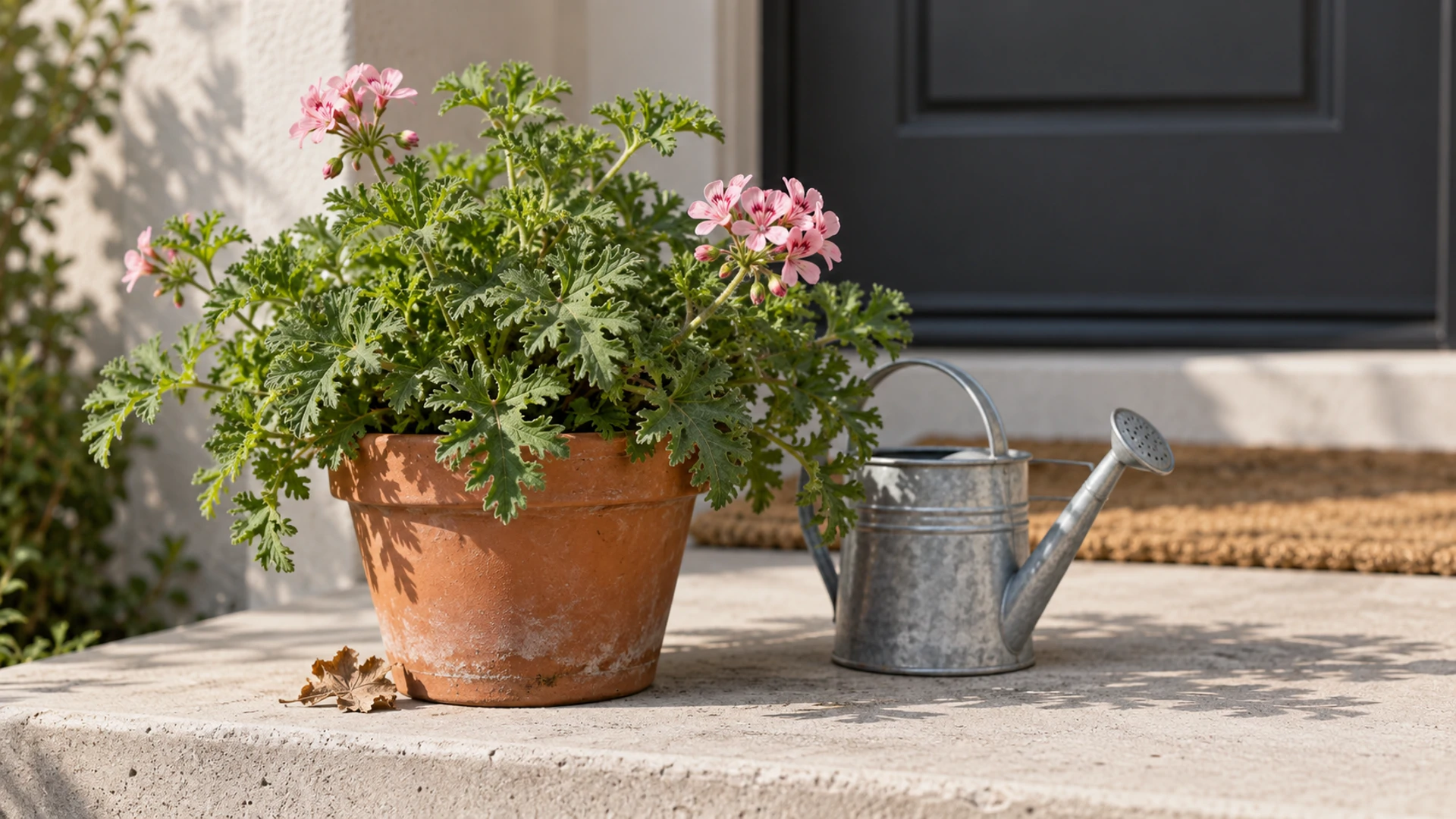 Potted rose geranium plant on a front porch step beside the door, a living love and protection ward for the home