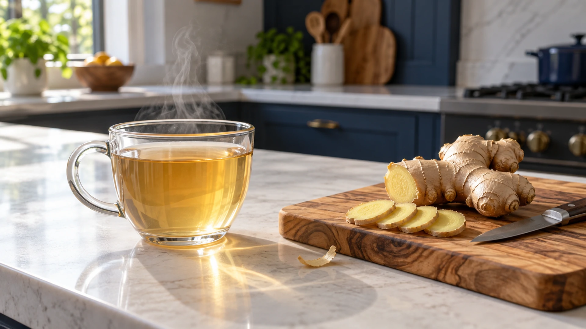 Glass cup of ginger tea beside a fresh ginger root and coin-thin slices on a board, a momentum ritual before acting