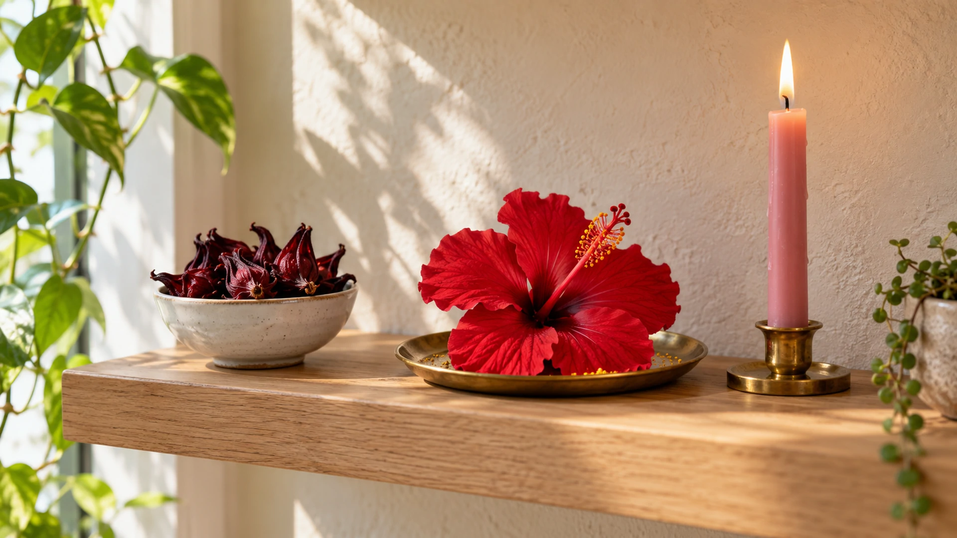 Fresh red hibiscus flower on a brass dish beside a lit pink candle and dried roselle calyces, a love offering