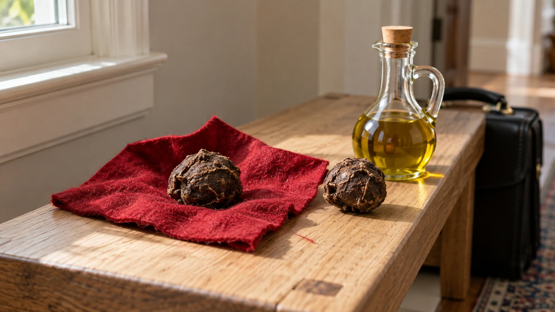 High John the Conqueror roots beside a red flannel square and olive oil, a Hoodoo root for victory and mastery