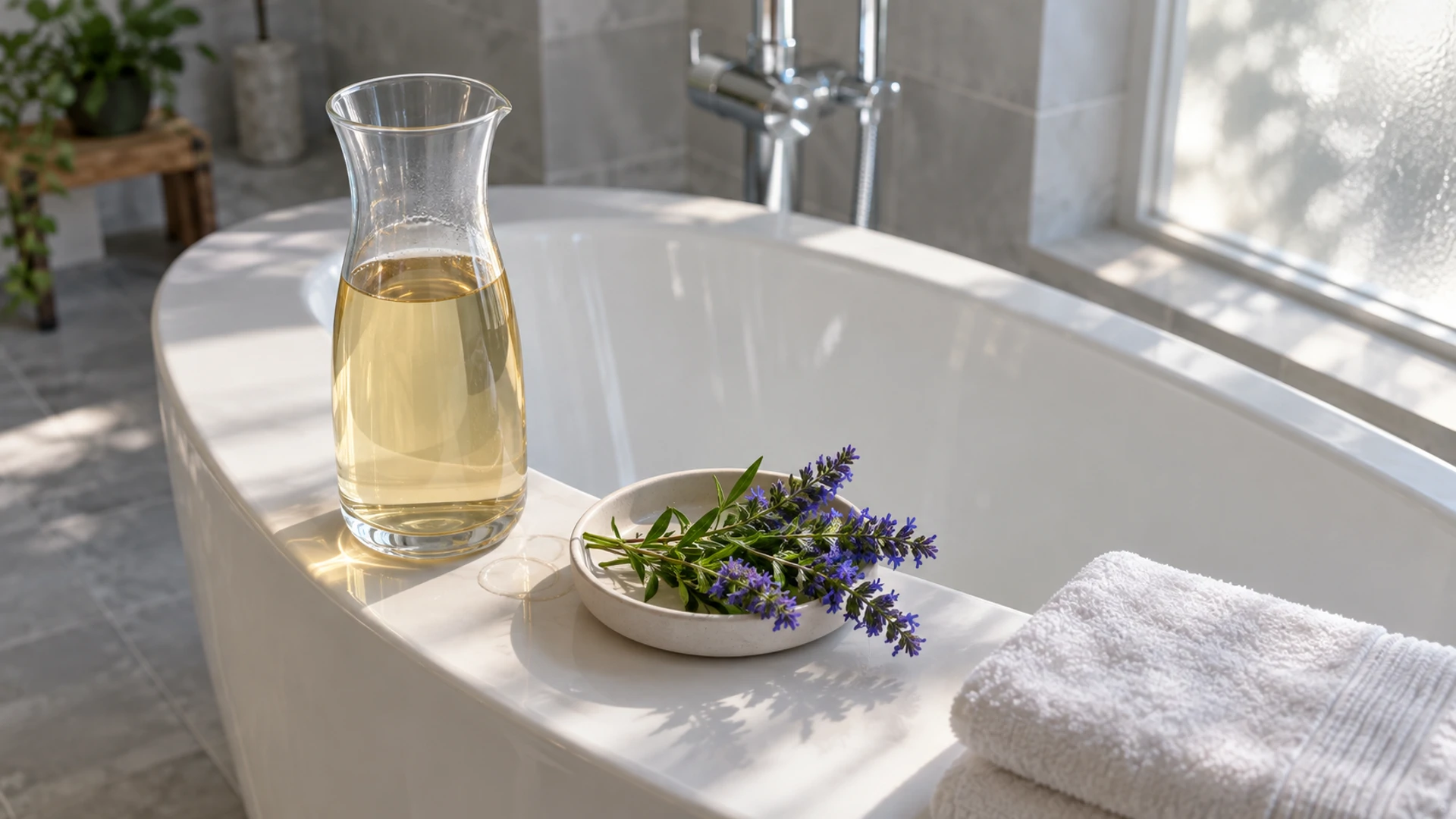 Glass carafe of hyssop infusion beside fresh flowering hyssop sprigs on a bathtub rim for a spiritual cleansing bath