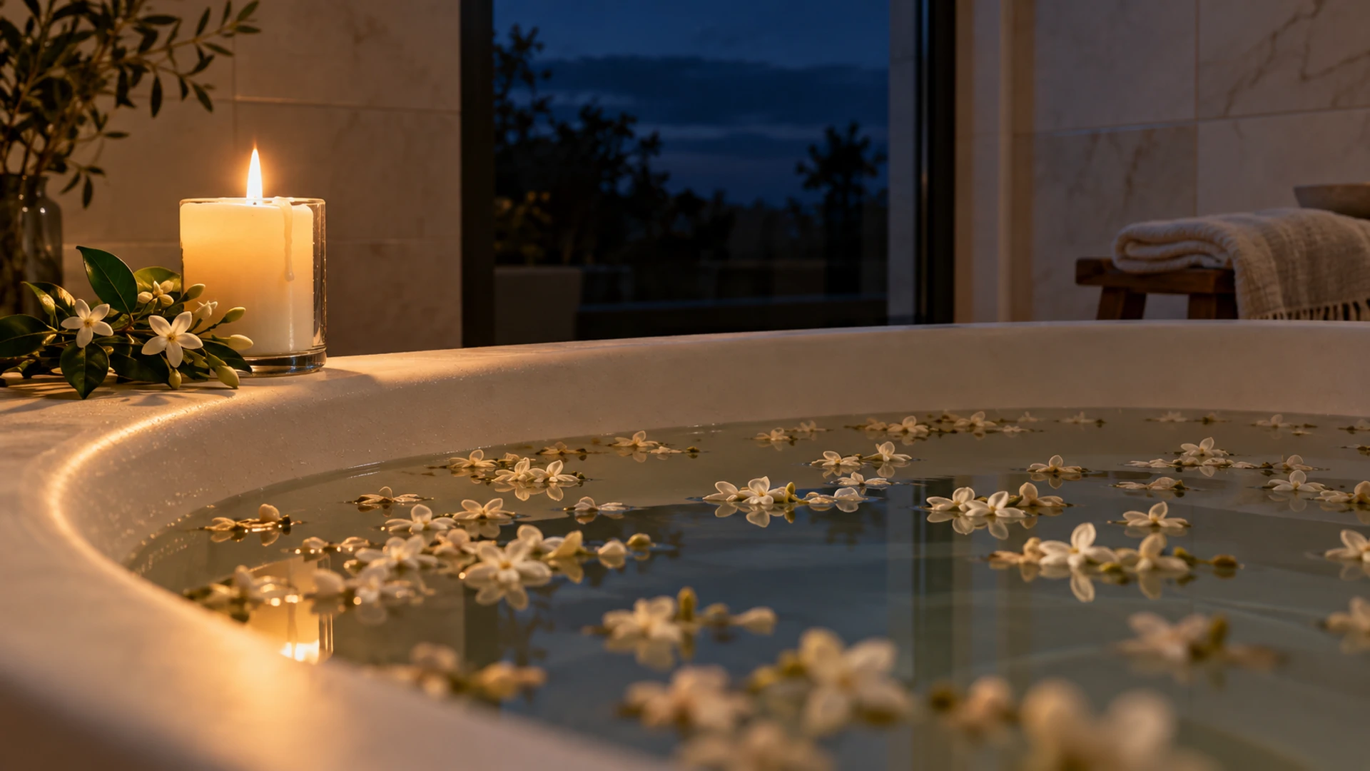 Evening bath with floating jasmine flowers beside a lit candle and a fresh jasmine sprig, a night love ritual