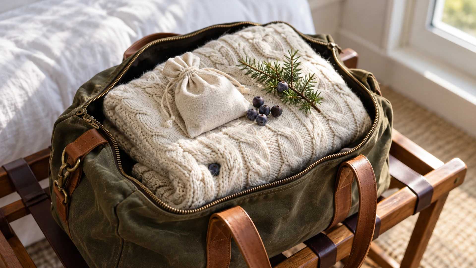 Cotton pouch of dried juniper berries and a fresh juniper sprig beside a packed travel bag, a travel protection charm