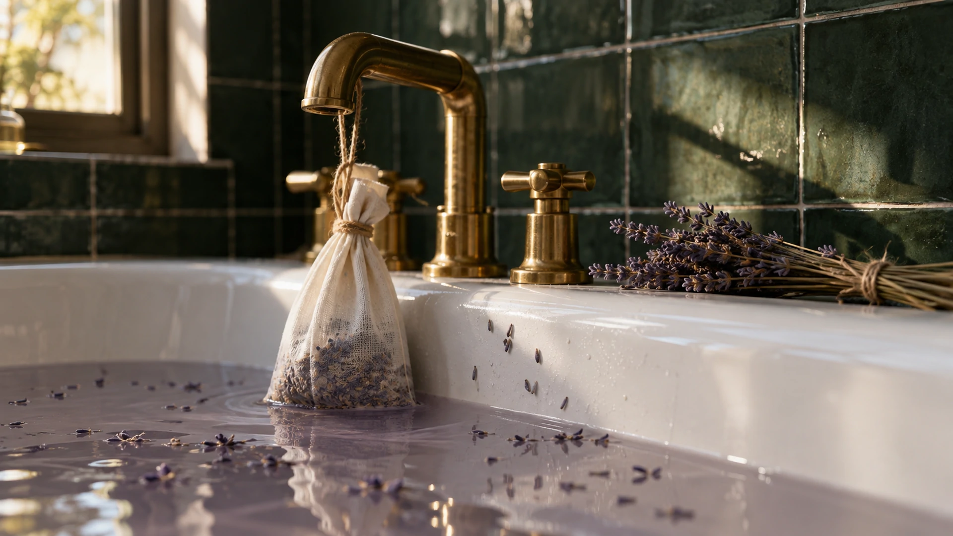Muslin bag of dried lavender hanging from a brass bath tap into warm water, a calming lavender bath ritual