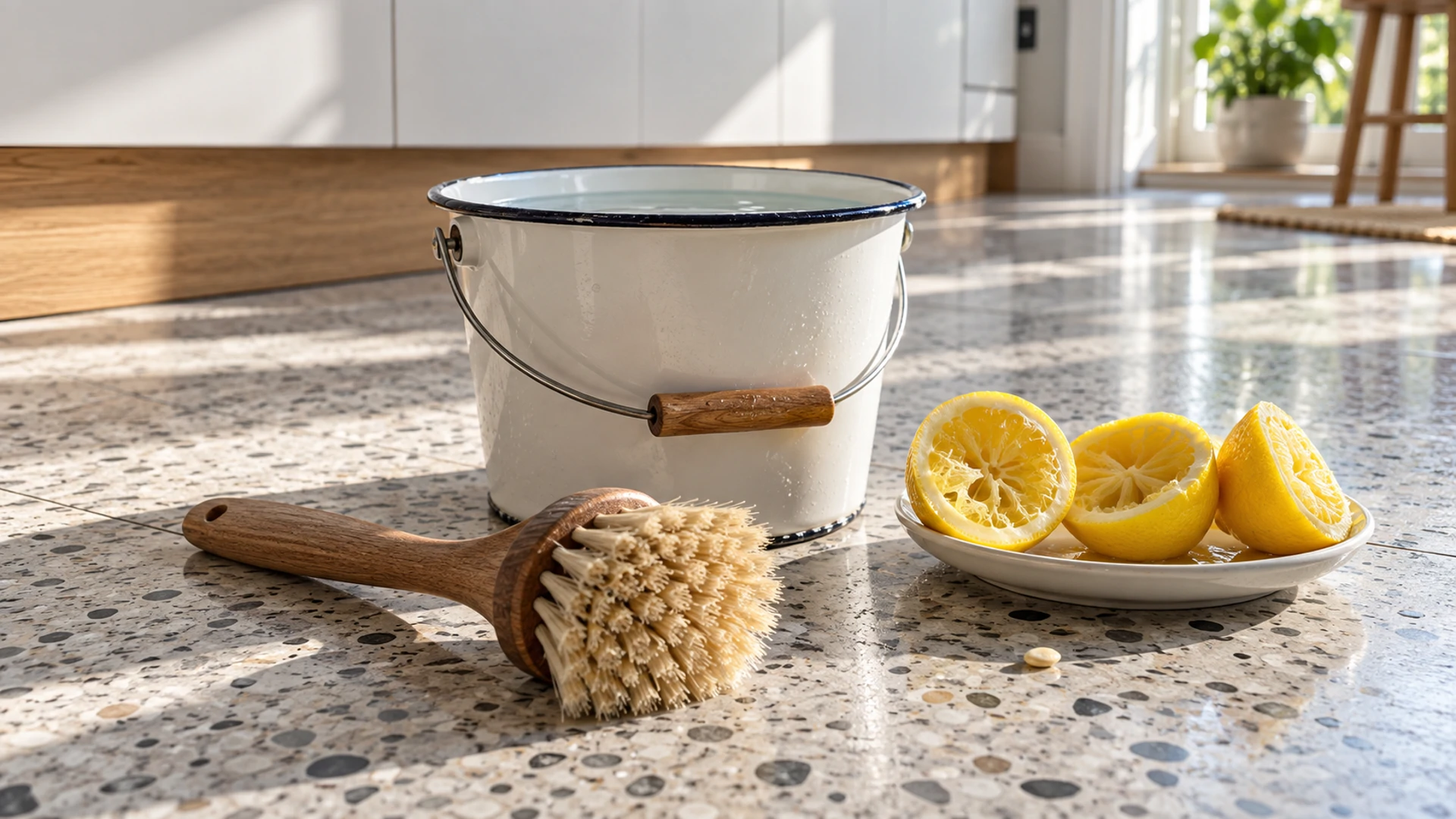 Enamel bucket of lemon water beside squeezed lemon halves and a floor brush for a spiritual cleansing floor wash