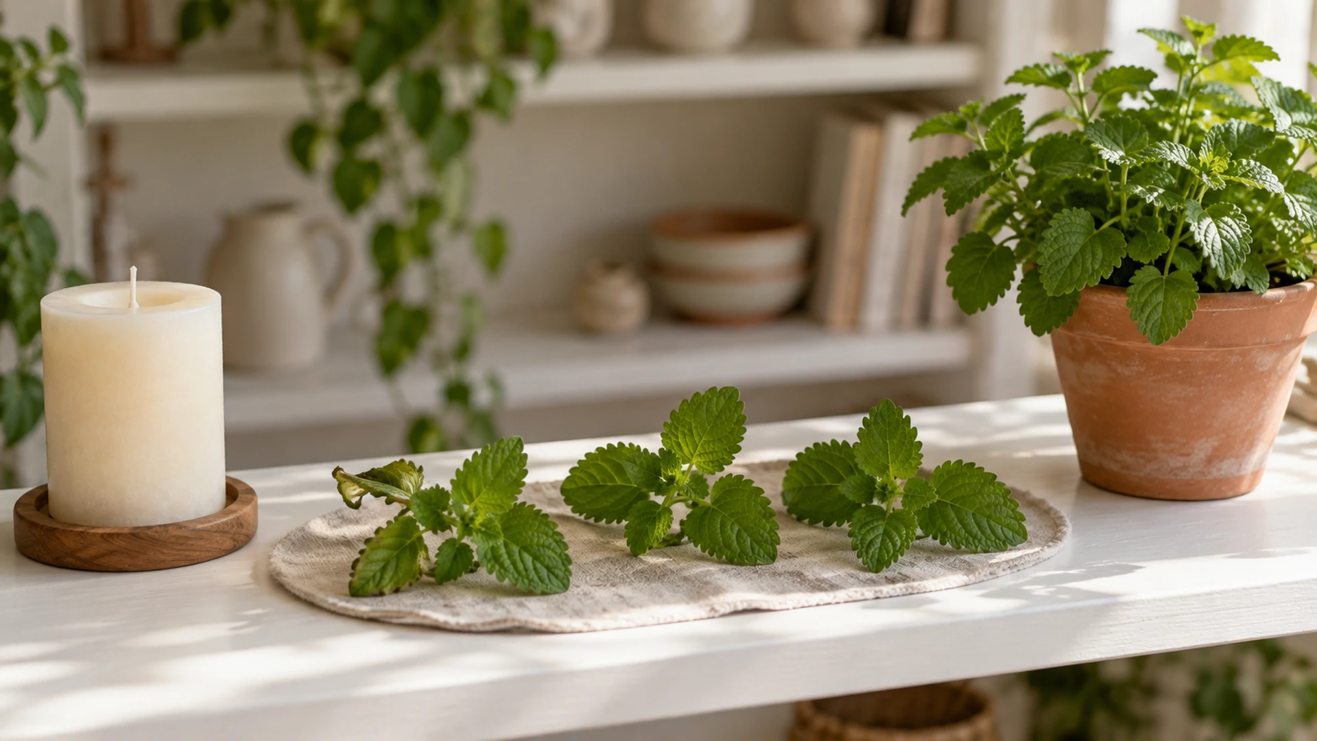 Fresh lemon balm sprigs on a small home altar beside a potted lemon balm plant, an herb for lifting low spirits