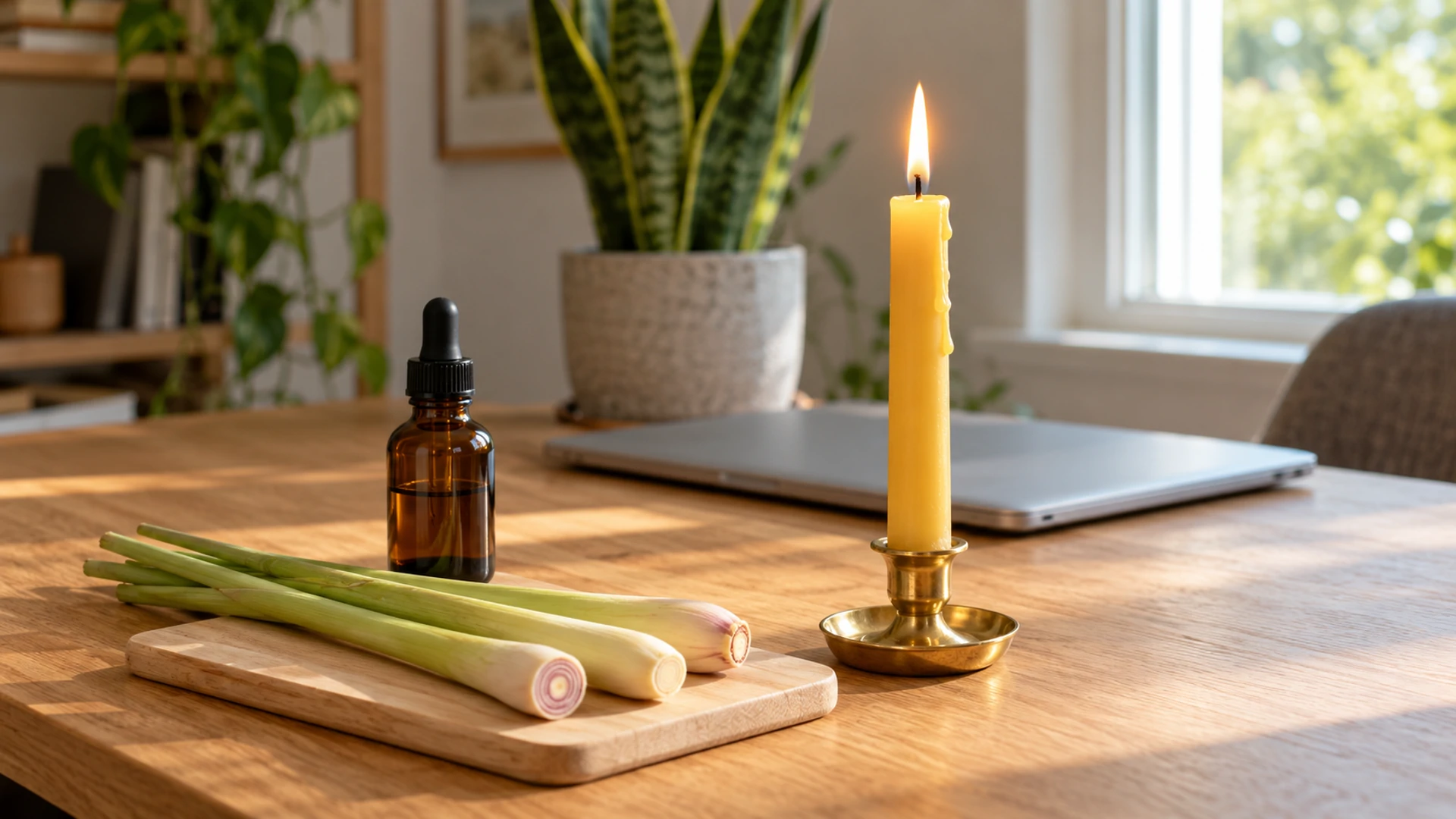 Lit yellow candle dressed with lemongrass oil beside fresh lemongrass stalks on a desk, a road-opening spell