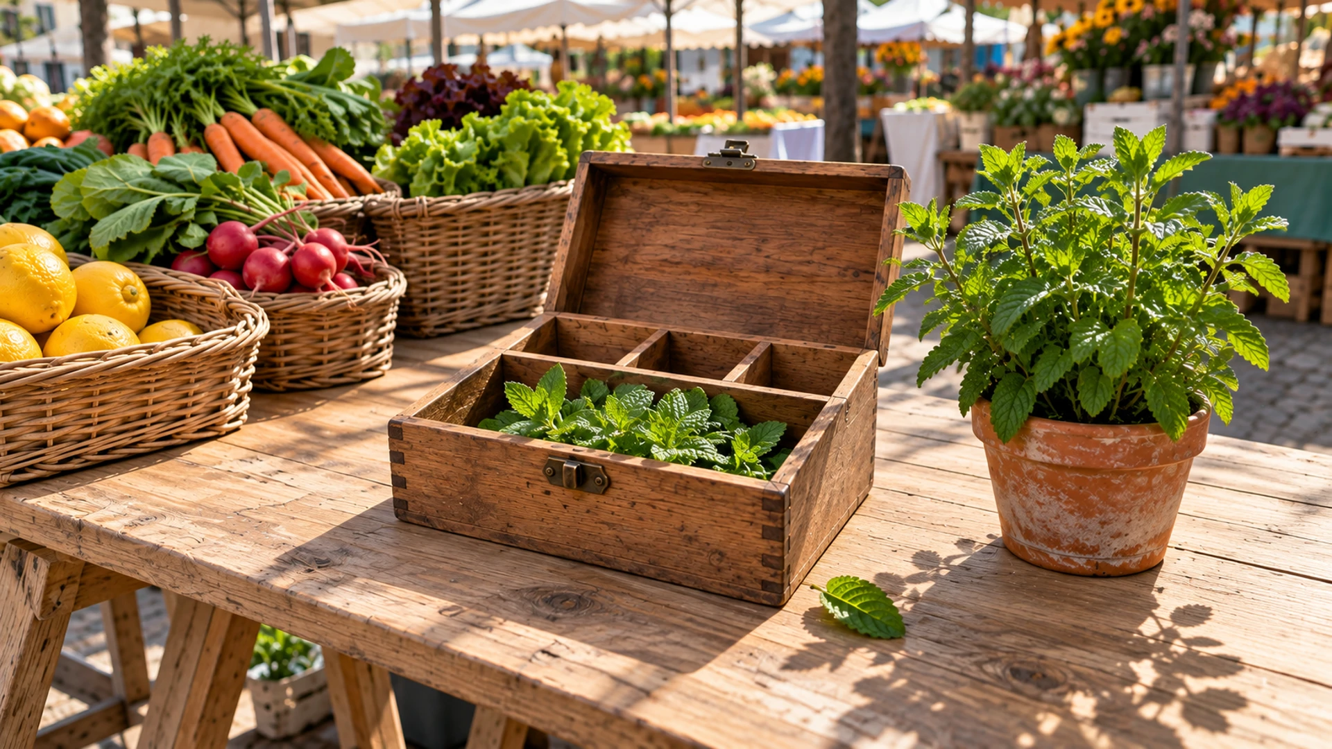 Fresh mint leaves in an open wooden cash box beside a potted mint plant on a market stall, a money-flow charm