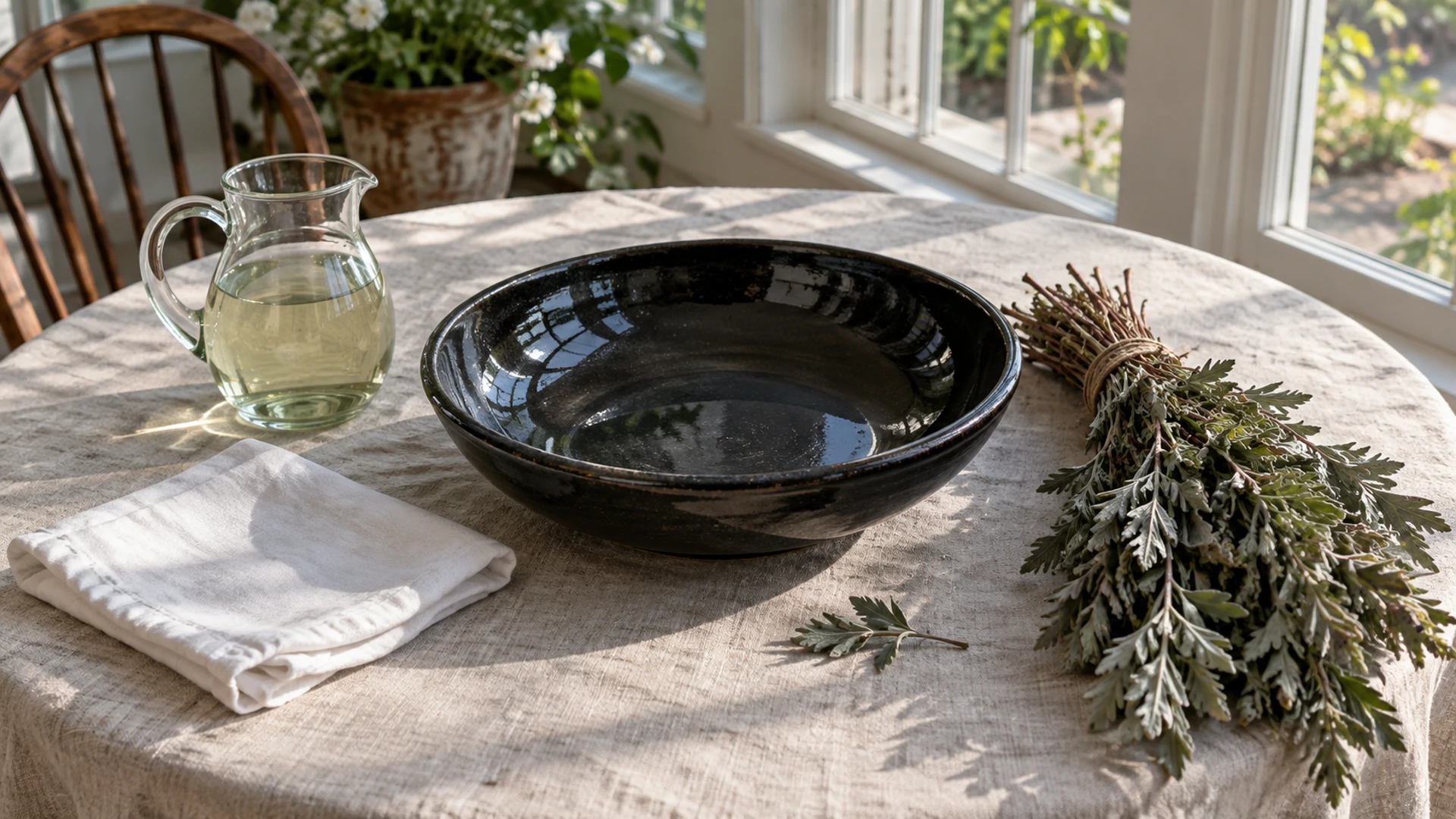 Black scrying bowl beside a glass jug of mugwort infusion and a dried mugwort bundle, preparing a tool for divination