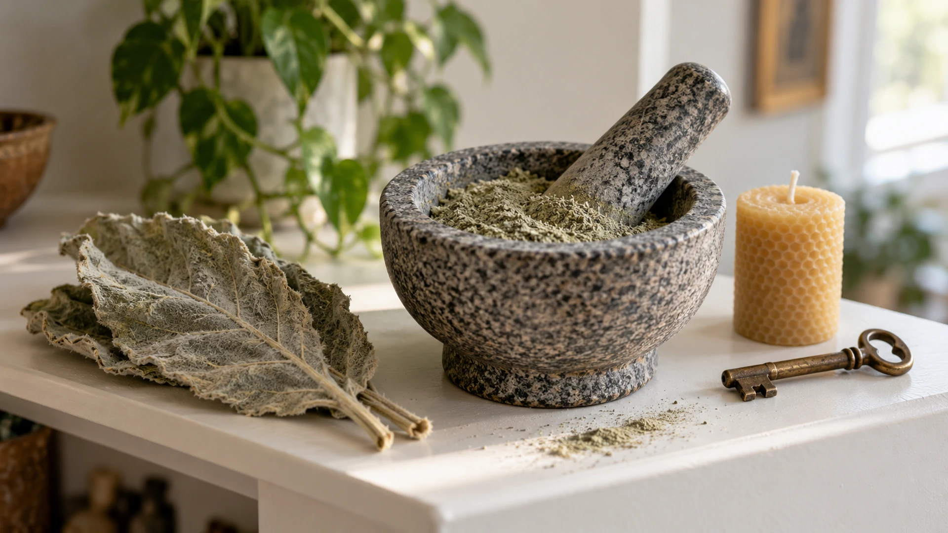 Stone mortar with ground mullein powder beside dried mullein leaves on a shelf, a substitute for graveyard dust
