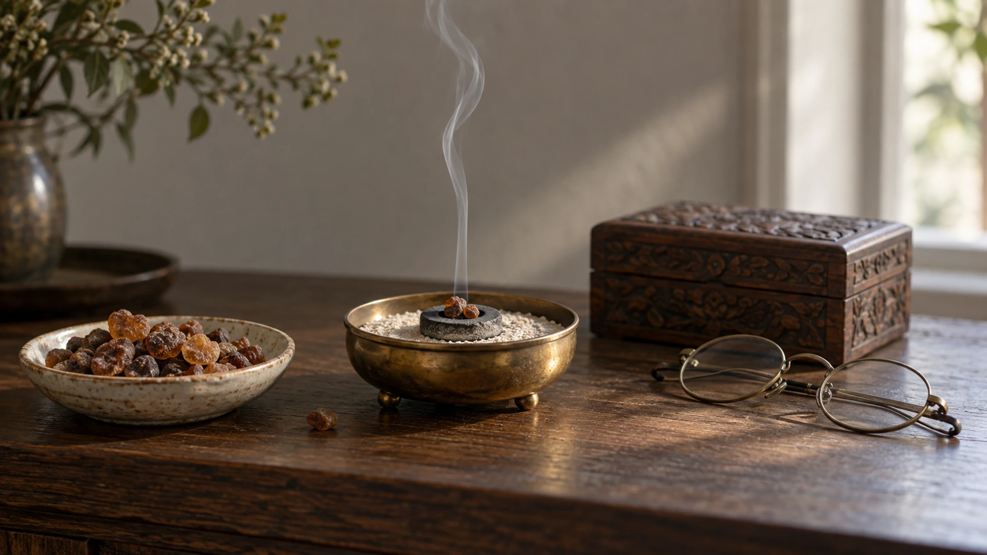 Myrrh resin burning on charcoal beside a dish of myrrh tears and heirloom keepsakes, an offering to honor the dead