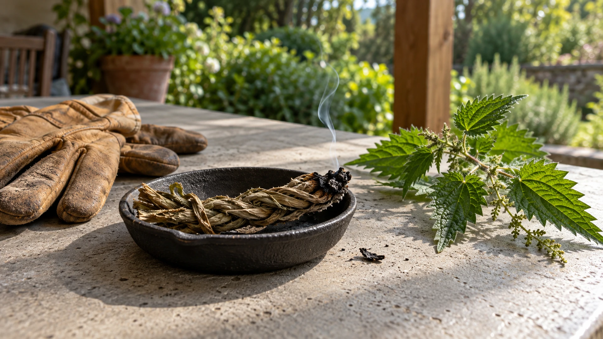 Twisted dried nettle cord smoldering in a cast-iron dish beside fresh stinging nettle and gloves, a curse-breaking ritual