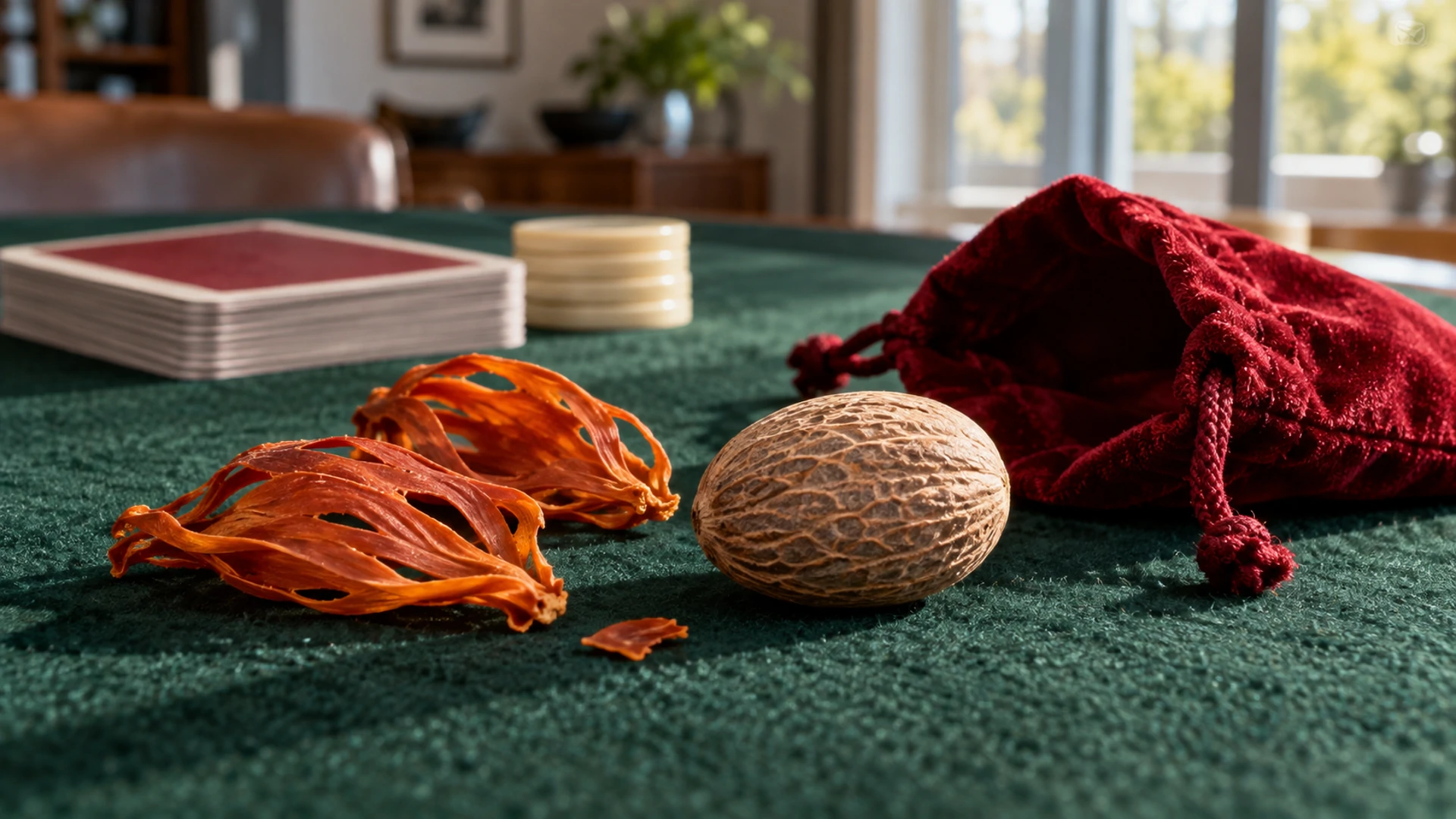 Whole nutmeg beside a red flannel bag, mace blades and face-down playing cards, a gambler's lucky charm