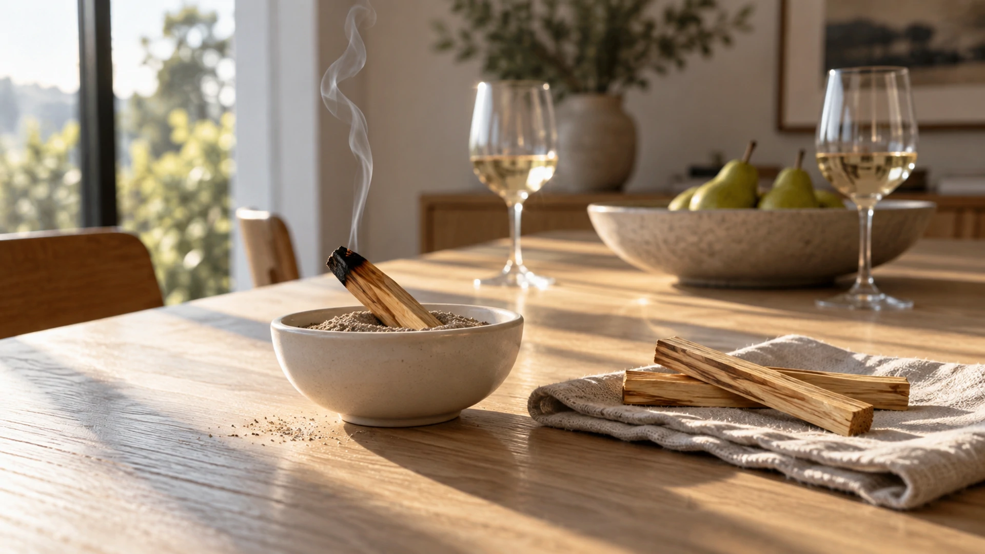 Palo santo stick smoldering in a bowl of sand on a dining table set for guests, a sweet cleansing smoke ritual
