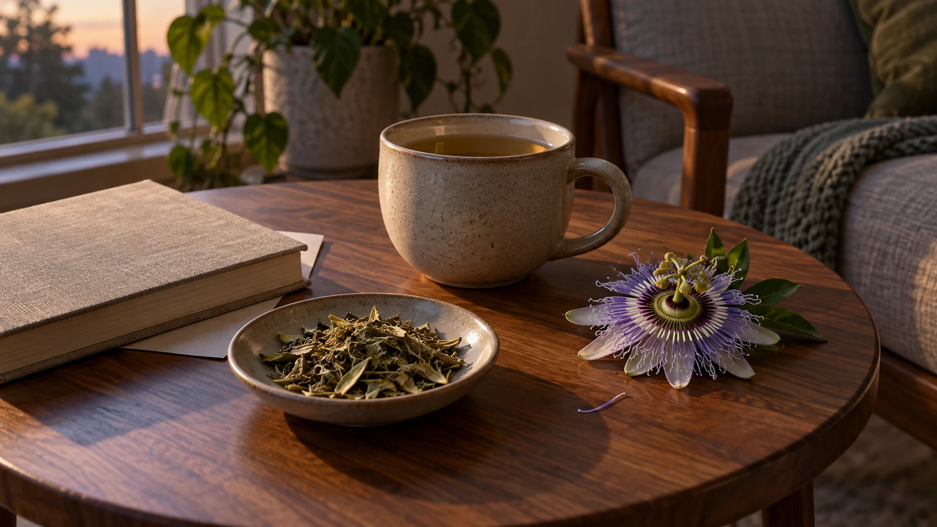 Cup of passionflower tea beside a purple passionflower bloom and dried herb, an evening ritual to quiet a racing mind