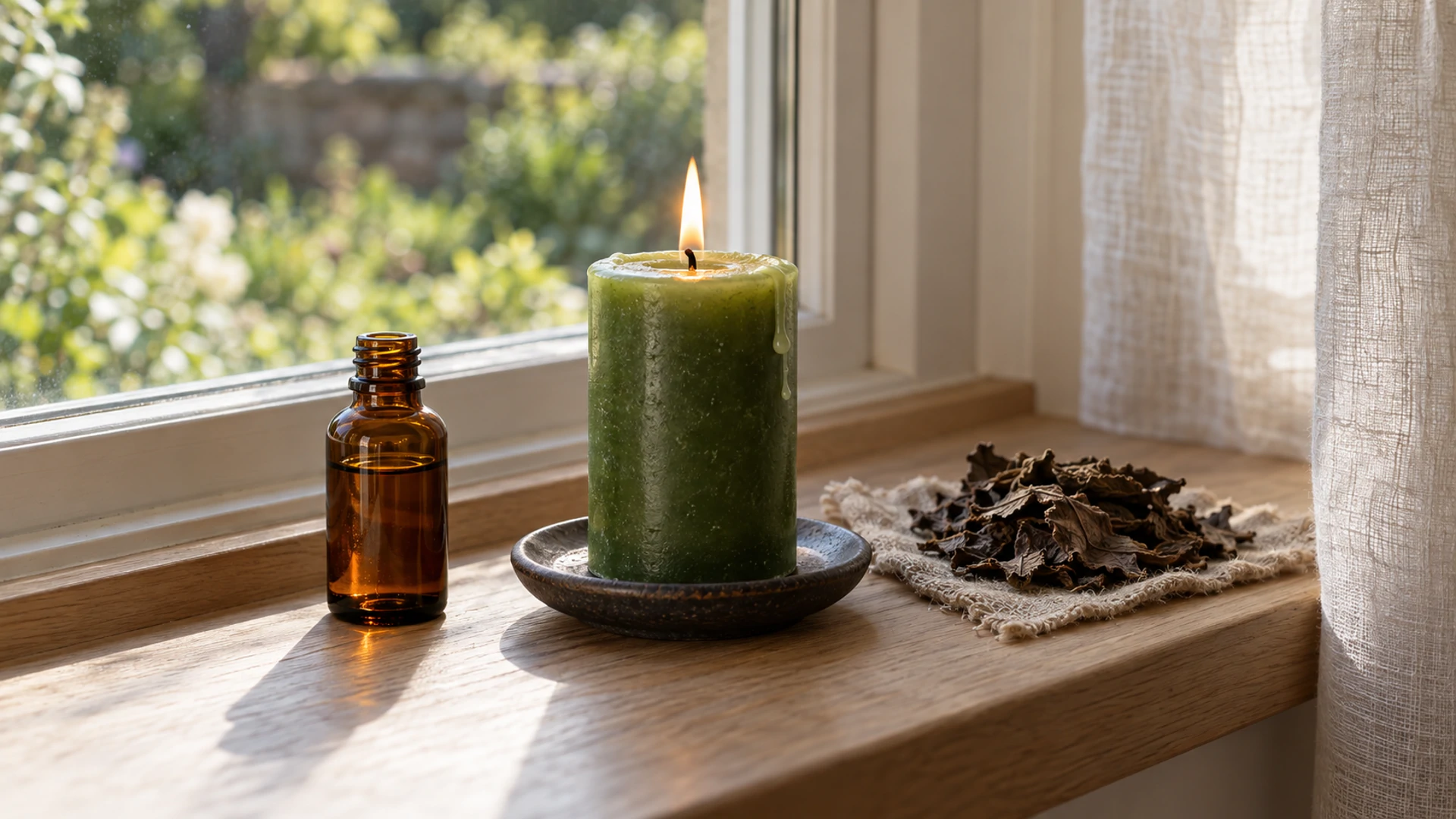 Lit green candle dressed with patchouli oil beside dried patchouli leaves, a slow-growth wealth working