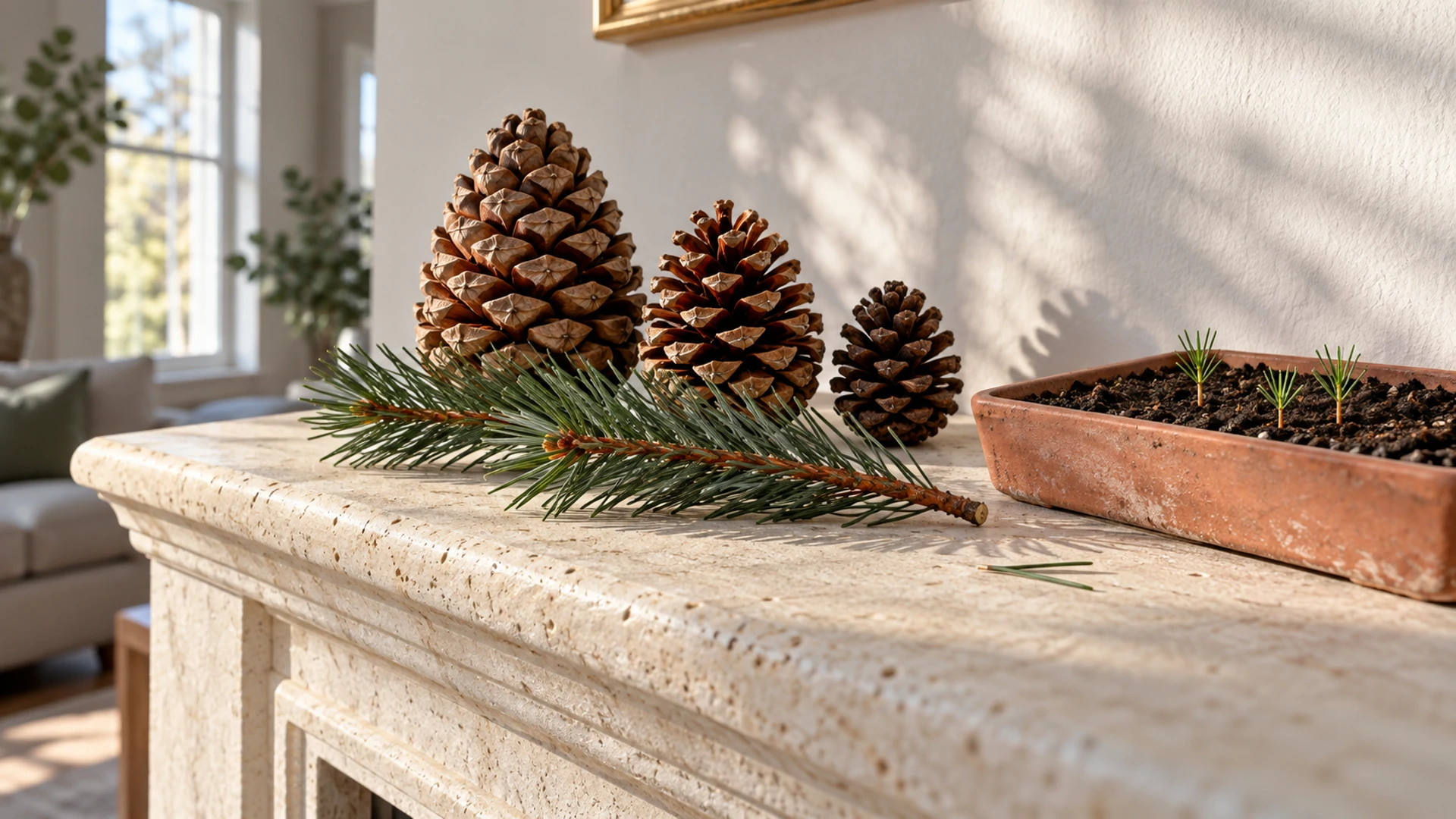 Closed pine cones and a fresh pine sprig beside a tray of seedlings on a mantel, pine magic for new beginnings