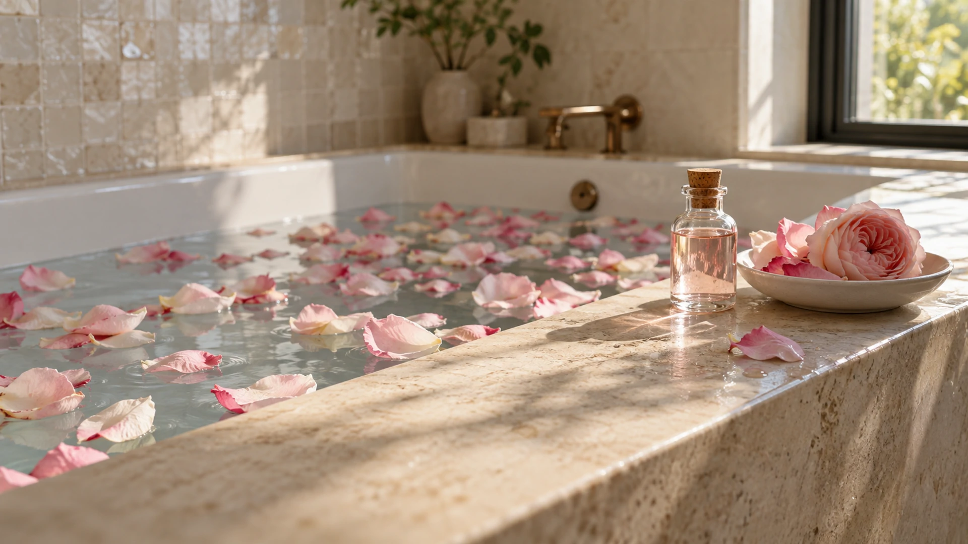 Warm bath with floating pink rose petals beside a bottle of rose water, a self-love and heart-healing ritual bath