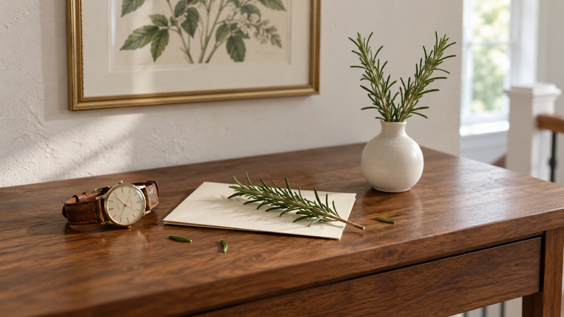 Fresh rosemary sprig on a closed card beside an heirloom wristwatch, rosemary for remembrance of a loved one