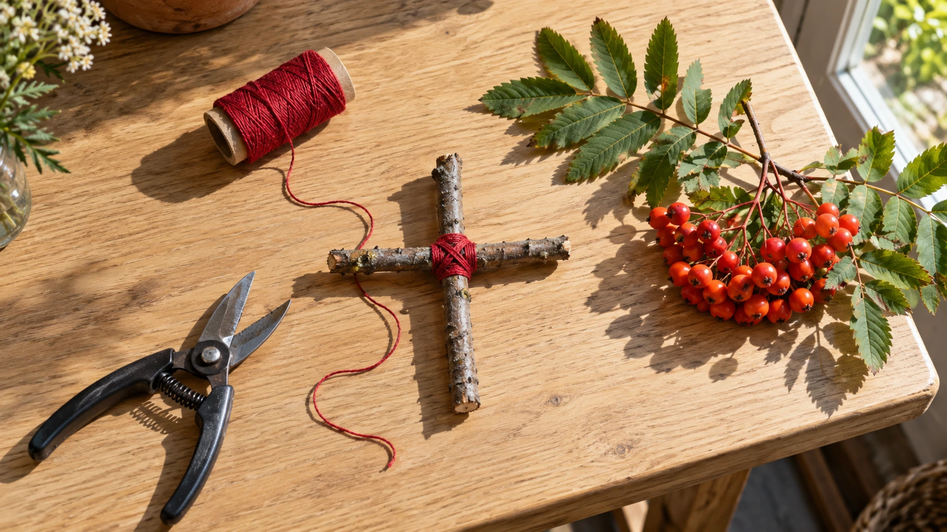 Equal-armed rowan twig cross bound with red thread beside a rowan sprig with red berries, a folk protection charm