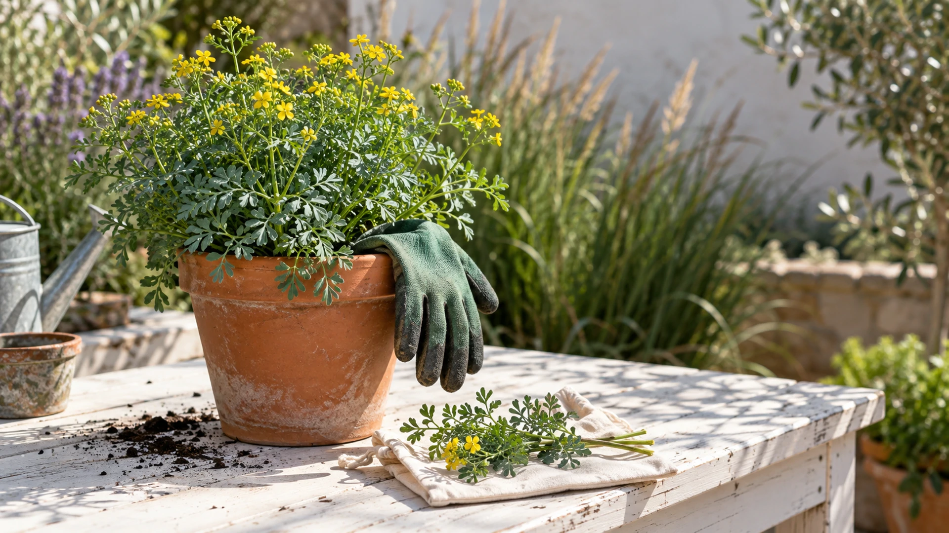 Potted rue plant with gardening gloves and a cut rue sprig on a cloth pouch, a protection charm against the evil eye