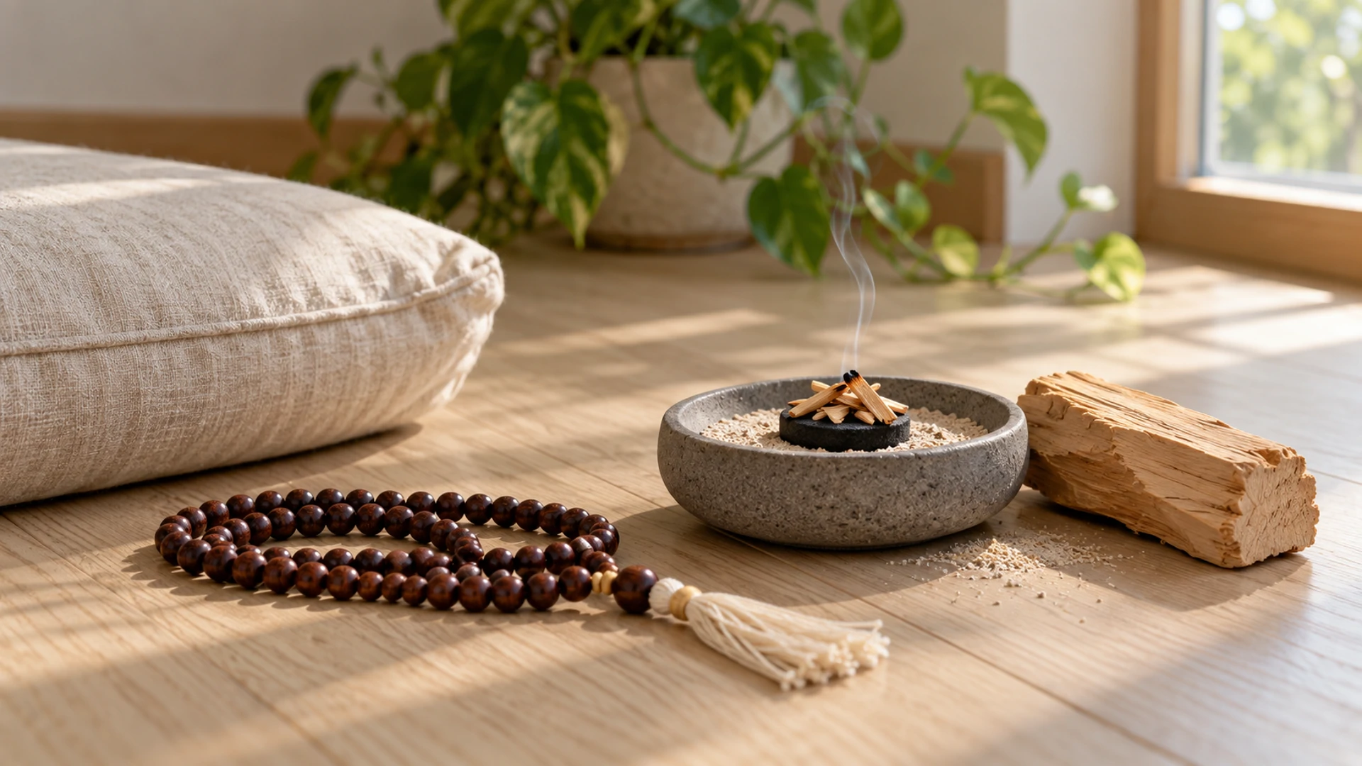 Sandalwood chips smoldering on charcoal beside a wooden mala and raw sandalwood heartwood for blessing prayer beads
