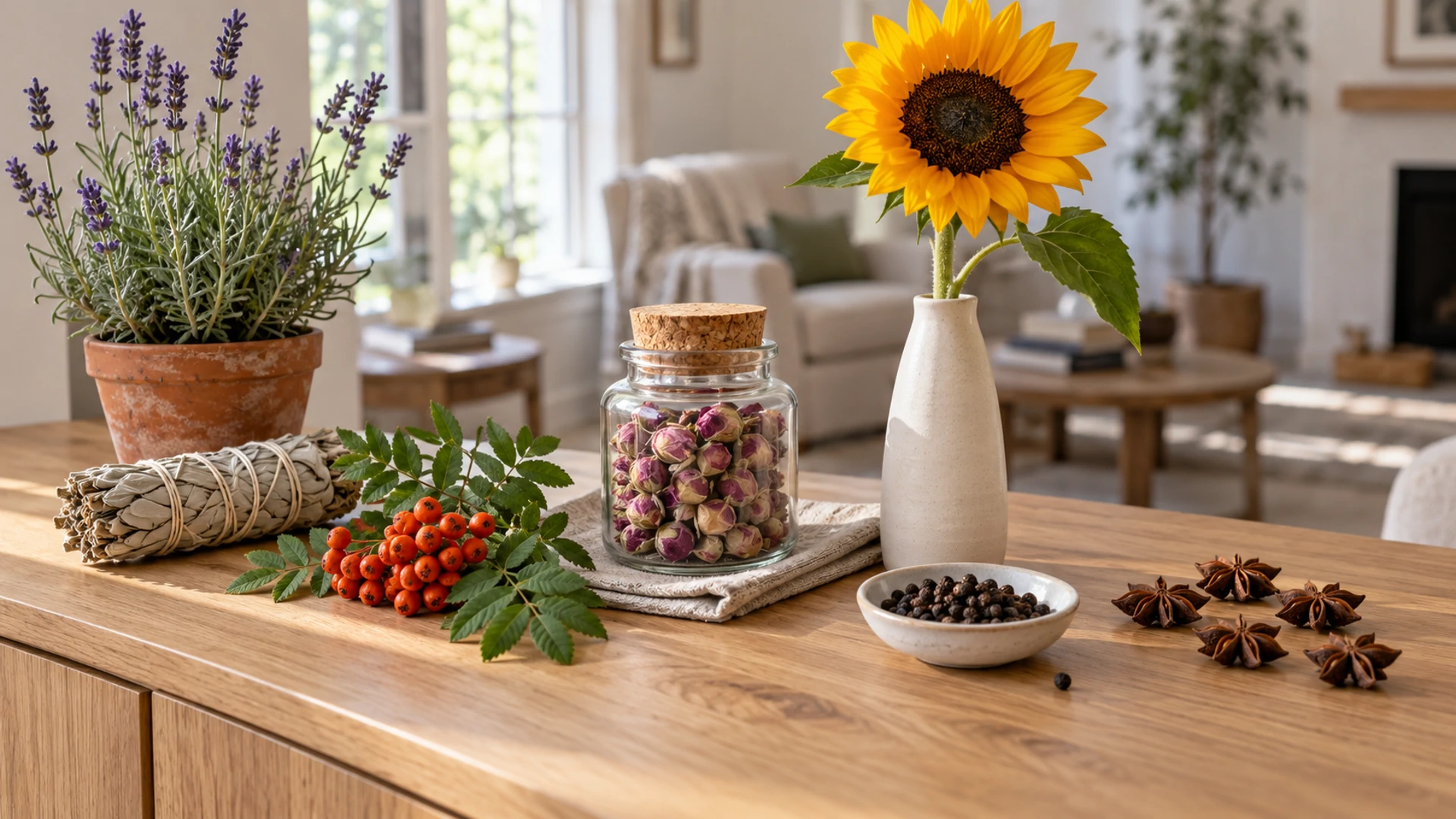 Magical herbs for witchcraft, including white sage, rowan berries, rose buds, sunflower and lavender, on a sideboard