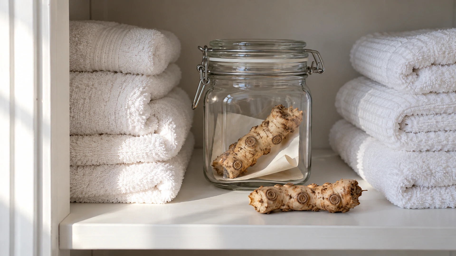 Solomon's seal root with seal-like scars in a closed glass jar inside a linen cupboard, a root for sealing protection