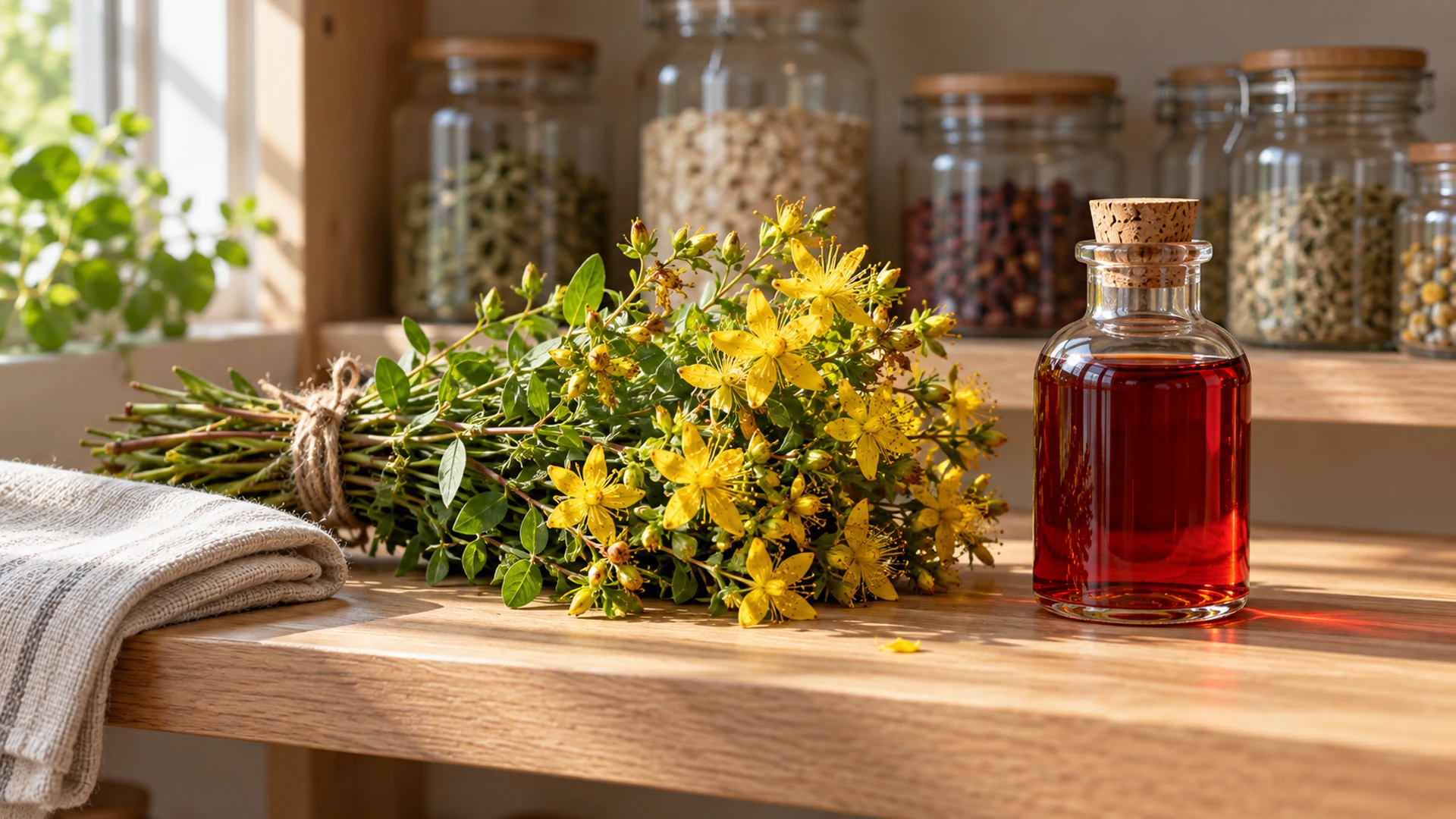 Bundle of flowering St. John's wort beside a bottle of red infused oil, gathered at Midsummer for protection