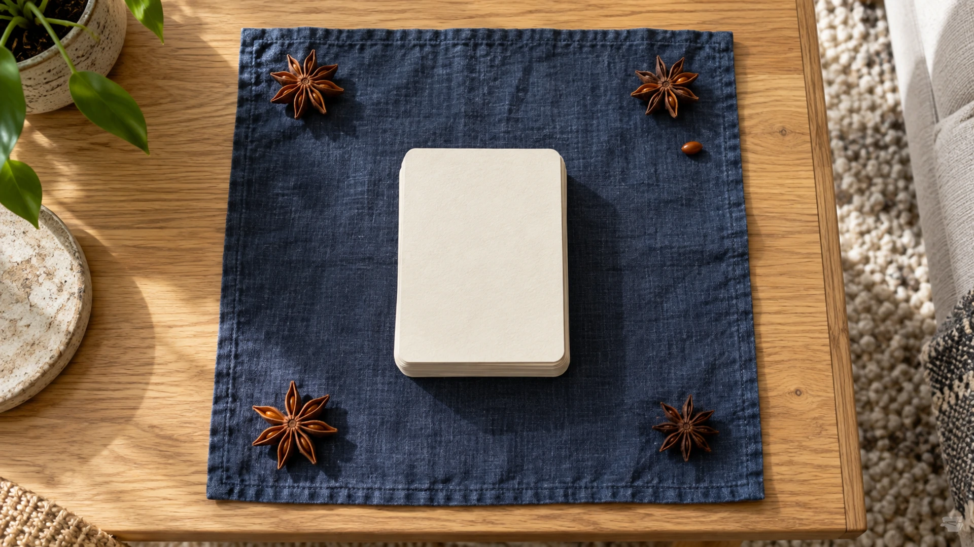 Four star anise pods at the corners of an indigo reading cloth around a face-down tarot deck, focusing a reading