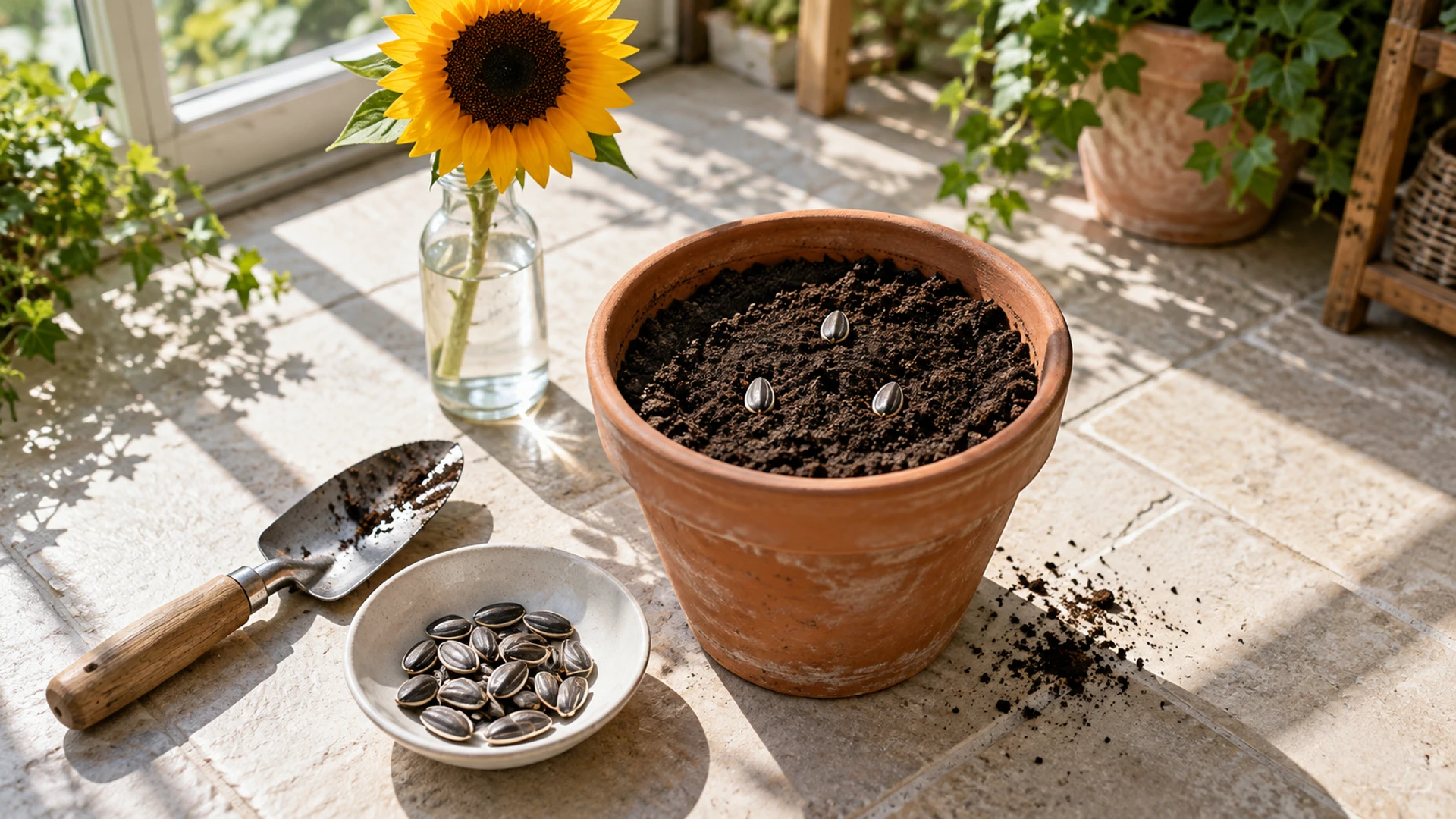 Striped sunflower seeds pressed into a pot of fresh soil beside a cut sunflower, a planting ritual for abundance