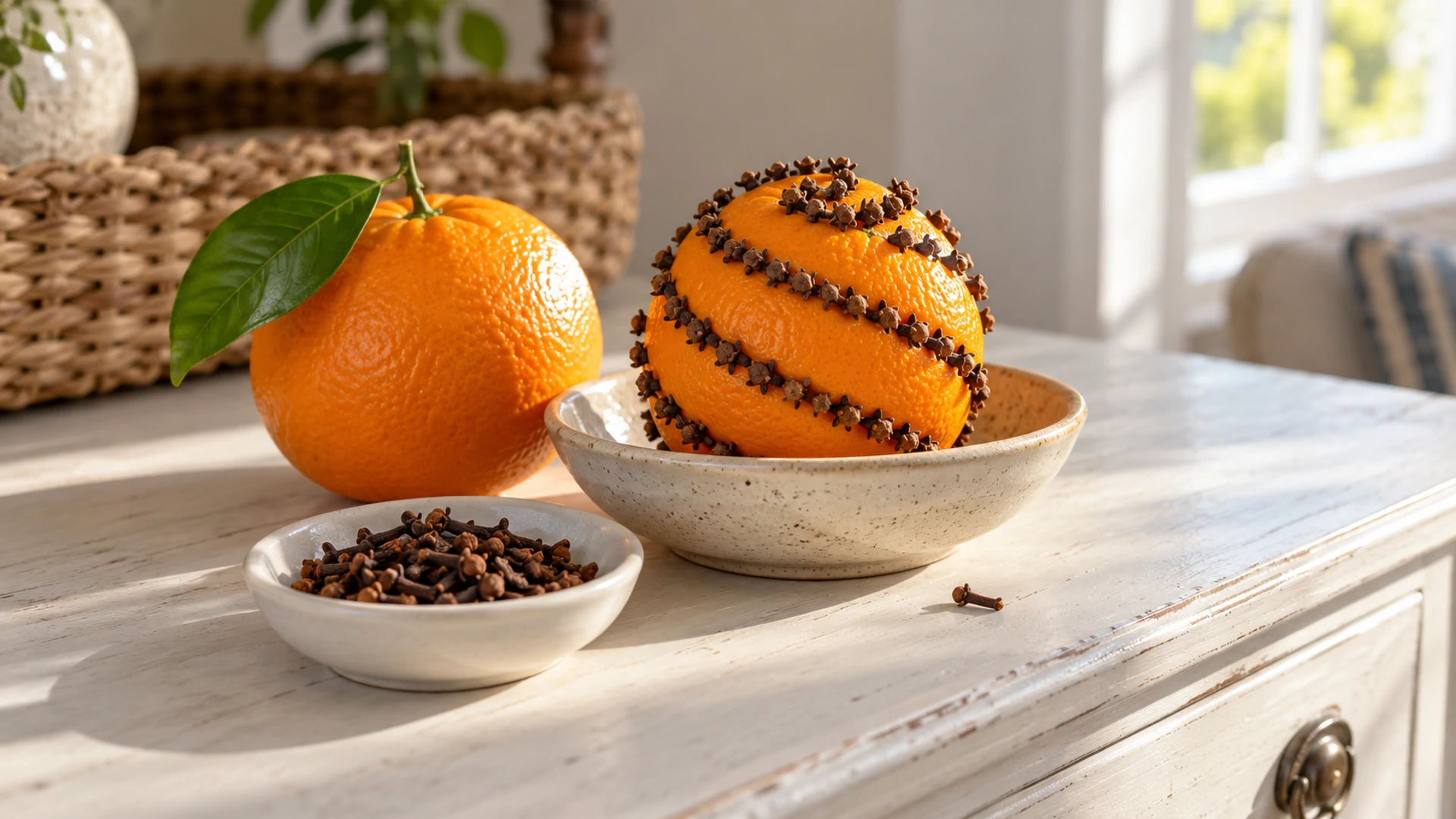 Sweet orange studded with whole cloves in a spiral pattern beside loose cloves, a pomander for a welcoming home