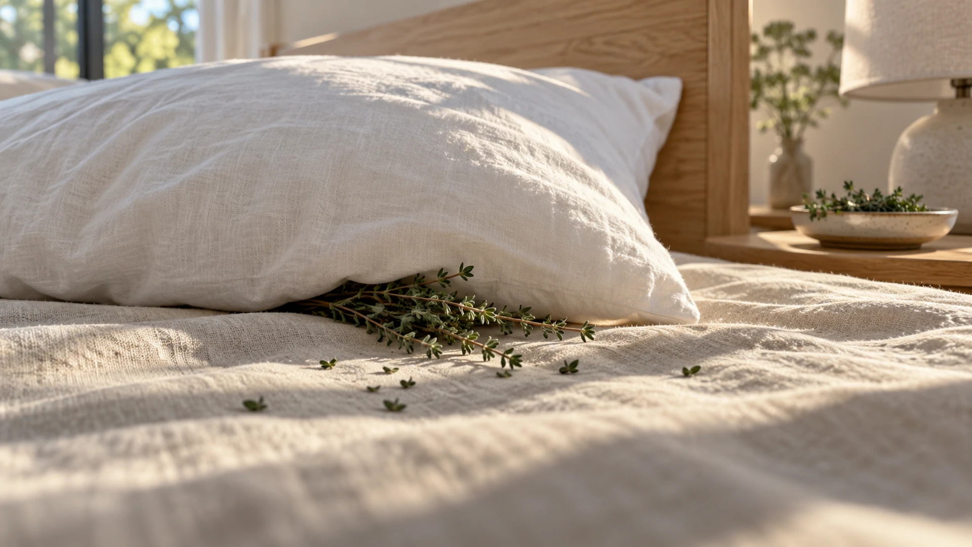 Fresh thyme sprig tucked beneath a white pillow on a made bed, a folk charm for restful sleep and against bad dreams