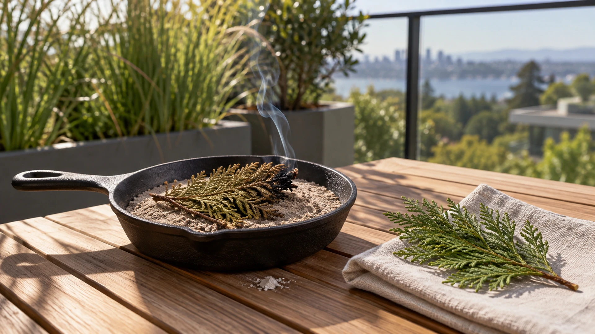 Dried thuja fronds smoldering in a cast-iron skillet of sand beside a fresh arborvitae frond, a cedar smoke cleanse