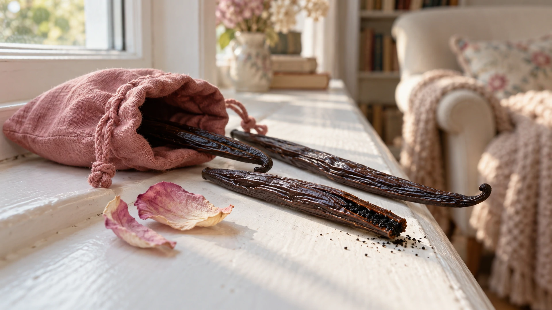 Whole cured vanilla beans beside a dusty rose cloth sachet and dried rose petals, a vanilla love charm